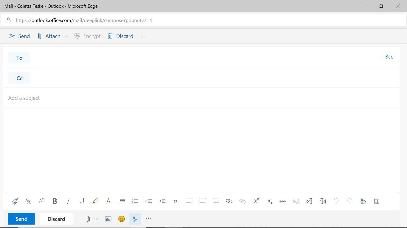 Снимок экрана, показывающий пустое окно нового сообщения в Outlook в Интернете