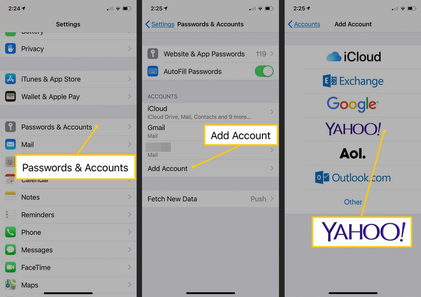 Пароли и учетные записи, Добавить учетную запись, Yahoo! в настройках iOS