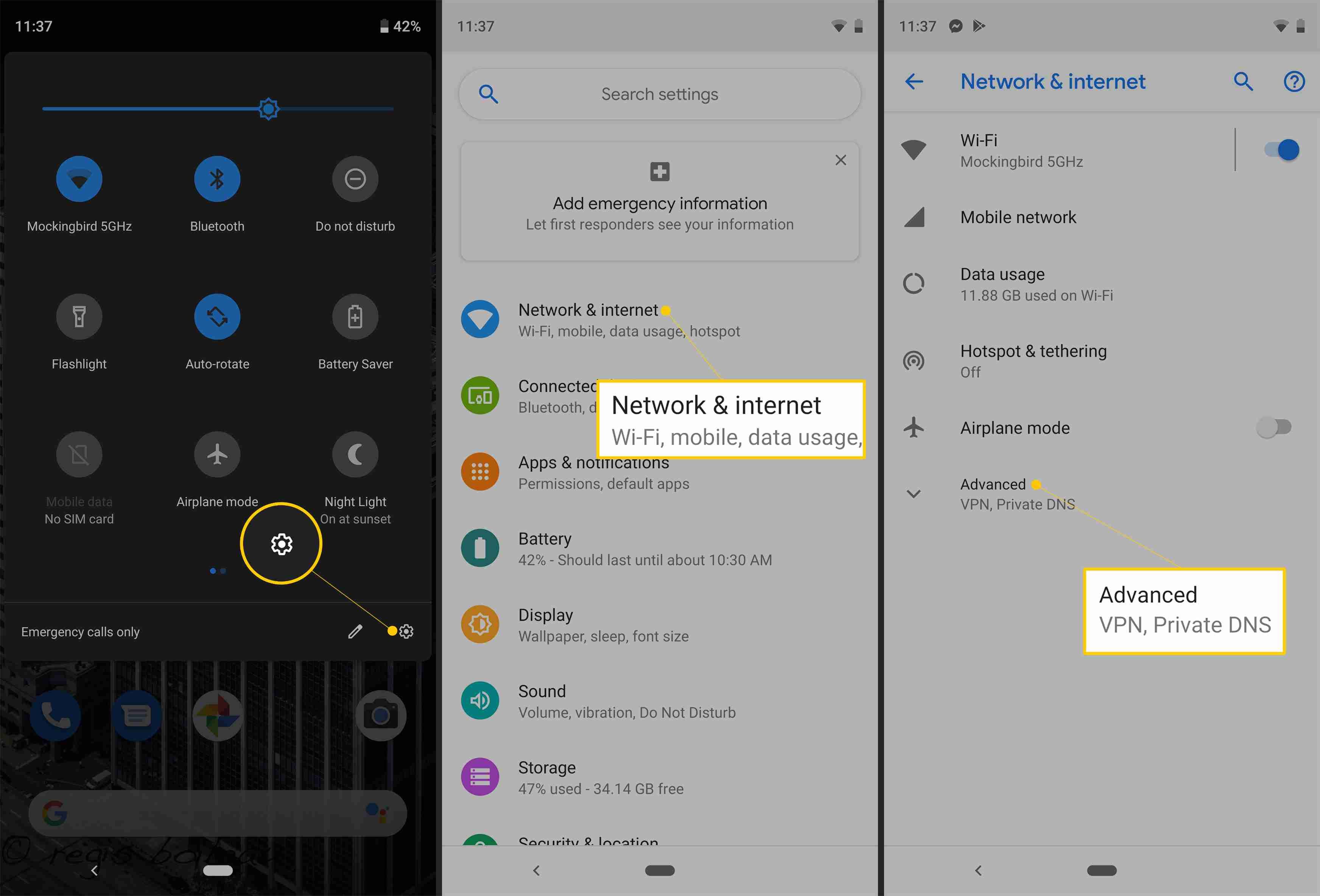Значок шестеренки, Сеть и Интернет, Расширенные кнопки в настройках Android 9