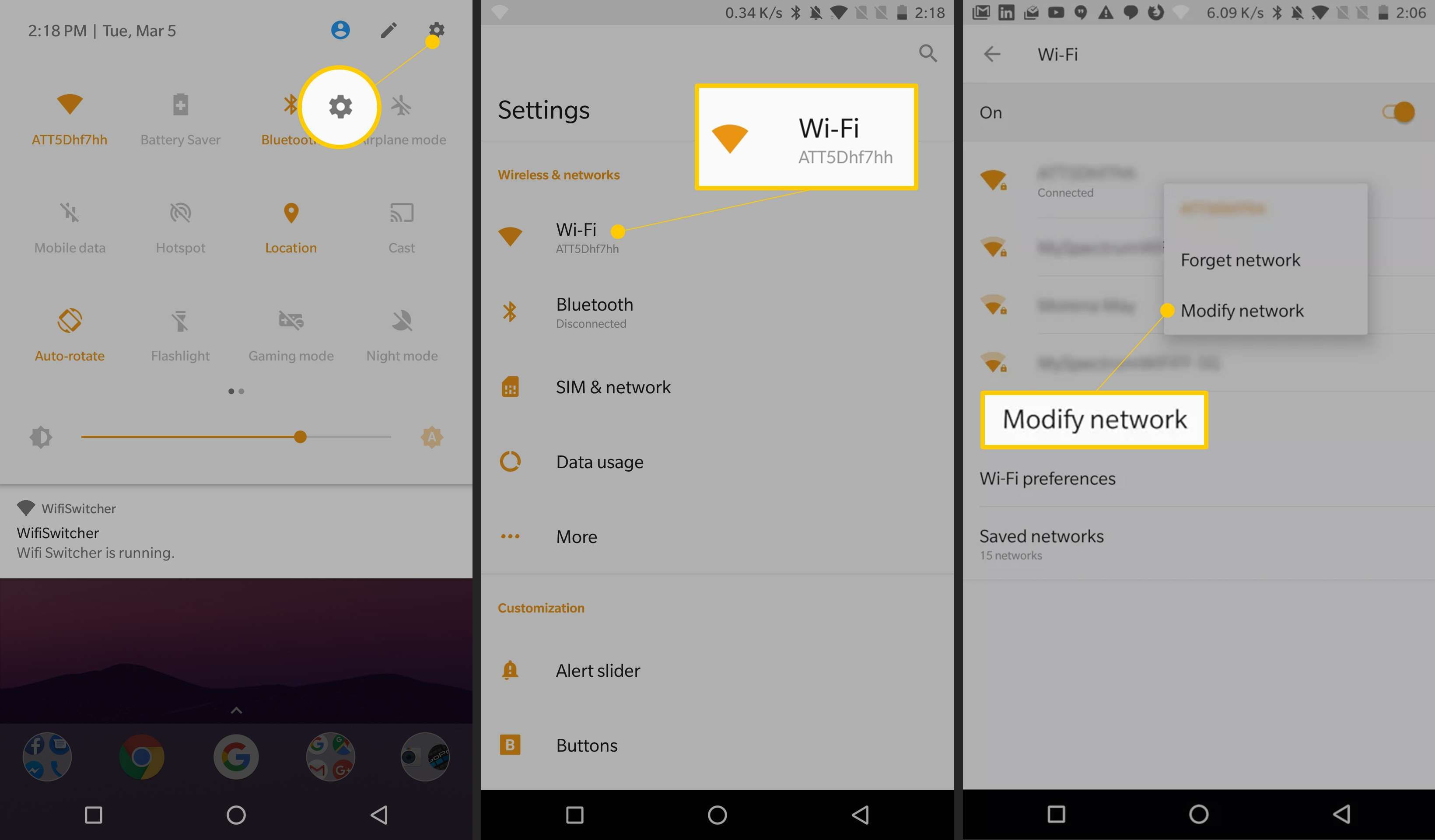 Три экрана Android 8 со значком шестеренки, кнопкой Wi-Fi и пунктом меню «Изменить сеть»