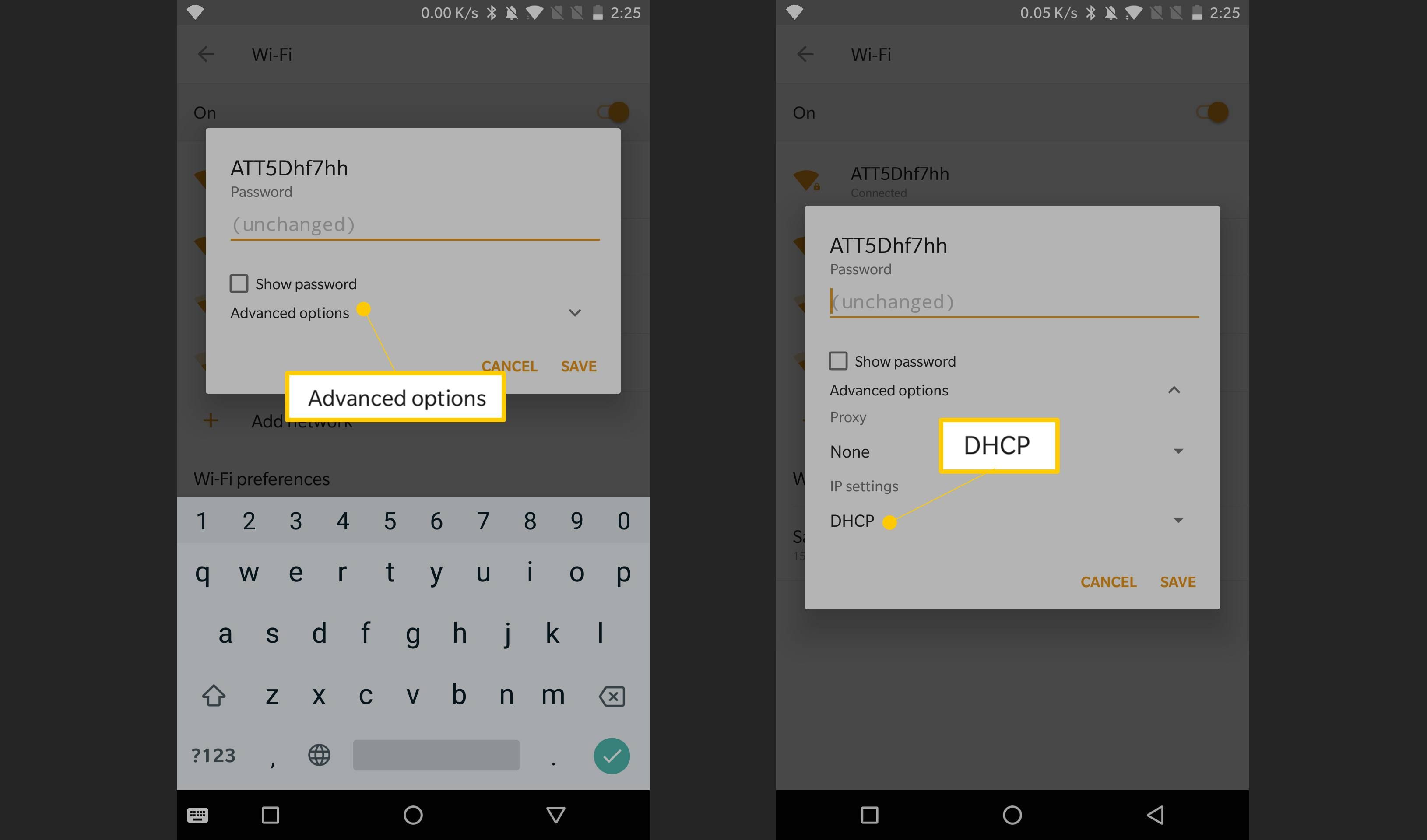 Расширенные настройки, кнопки DHCP в настройках Android 8
