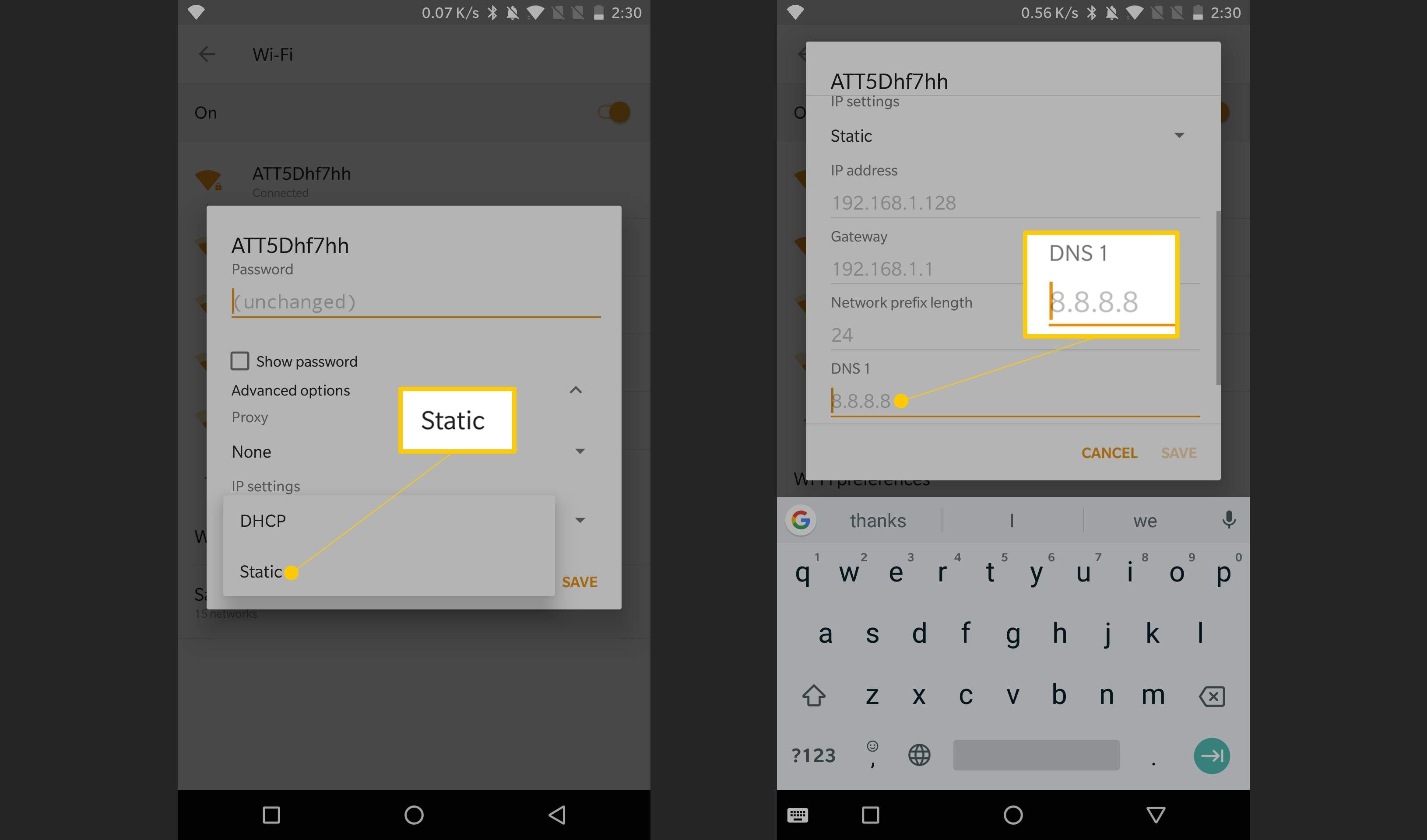 Два экрана Android 8, показывающие статические и DNS области