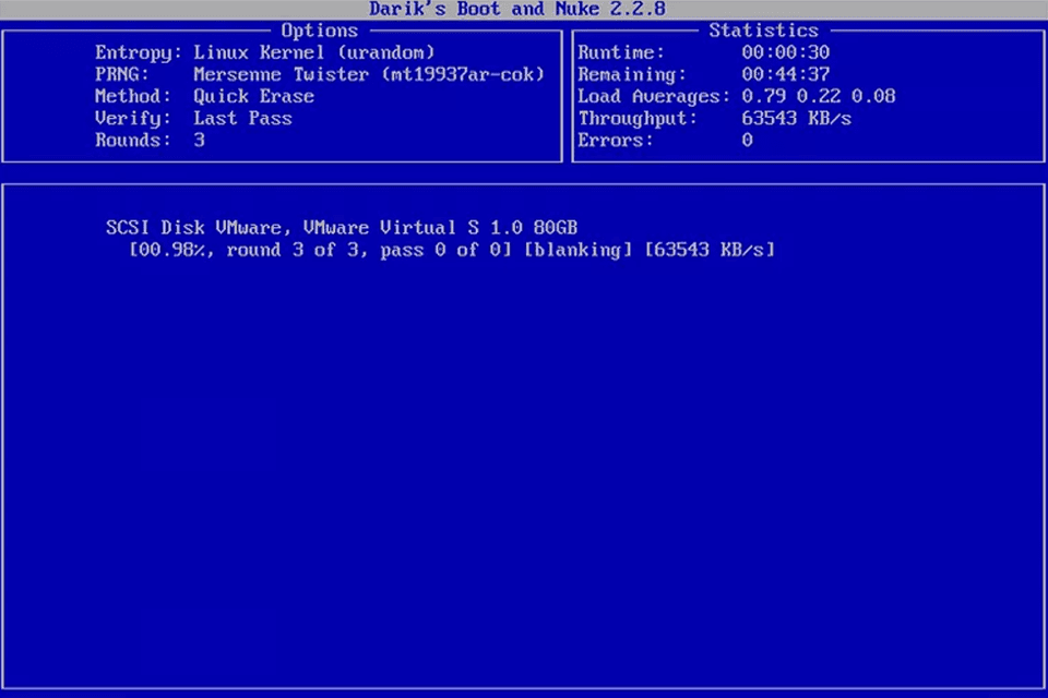 Скриншот DBAN, вытирающего жесткий диск