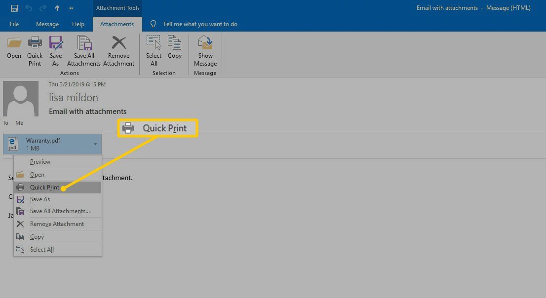 Пункт меню быстрой печати в Outlook