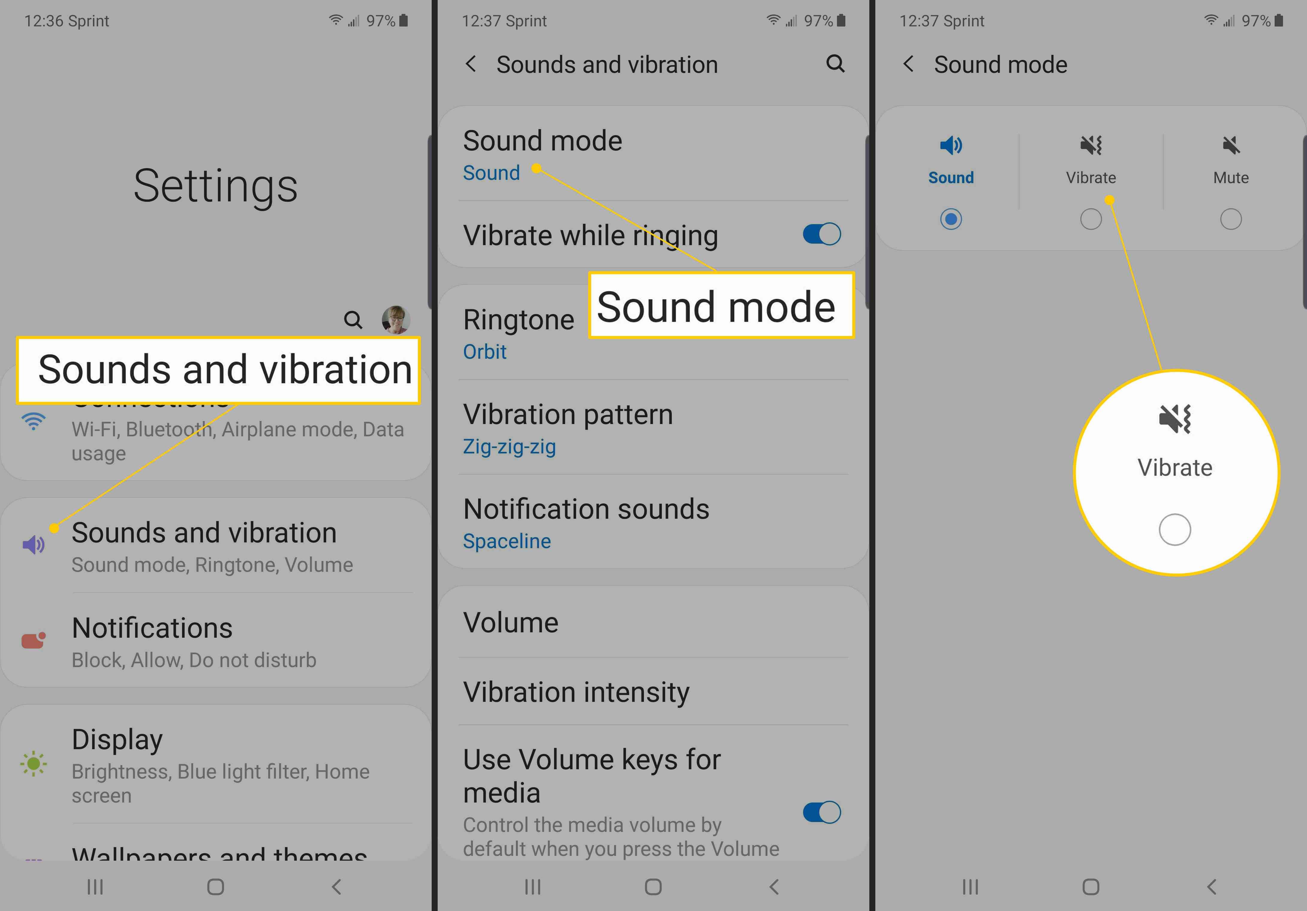 Звуки и вибрация, Режим звука, Флажок вибрации на Android