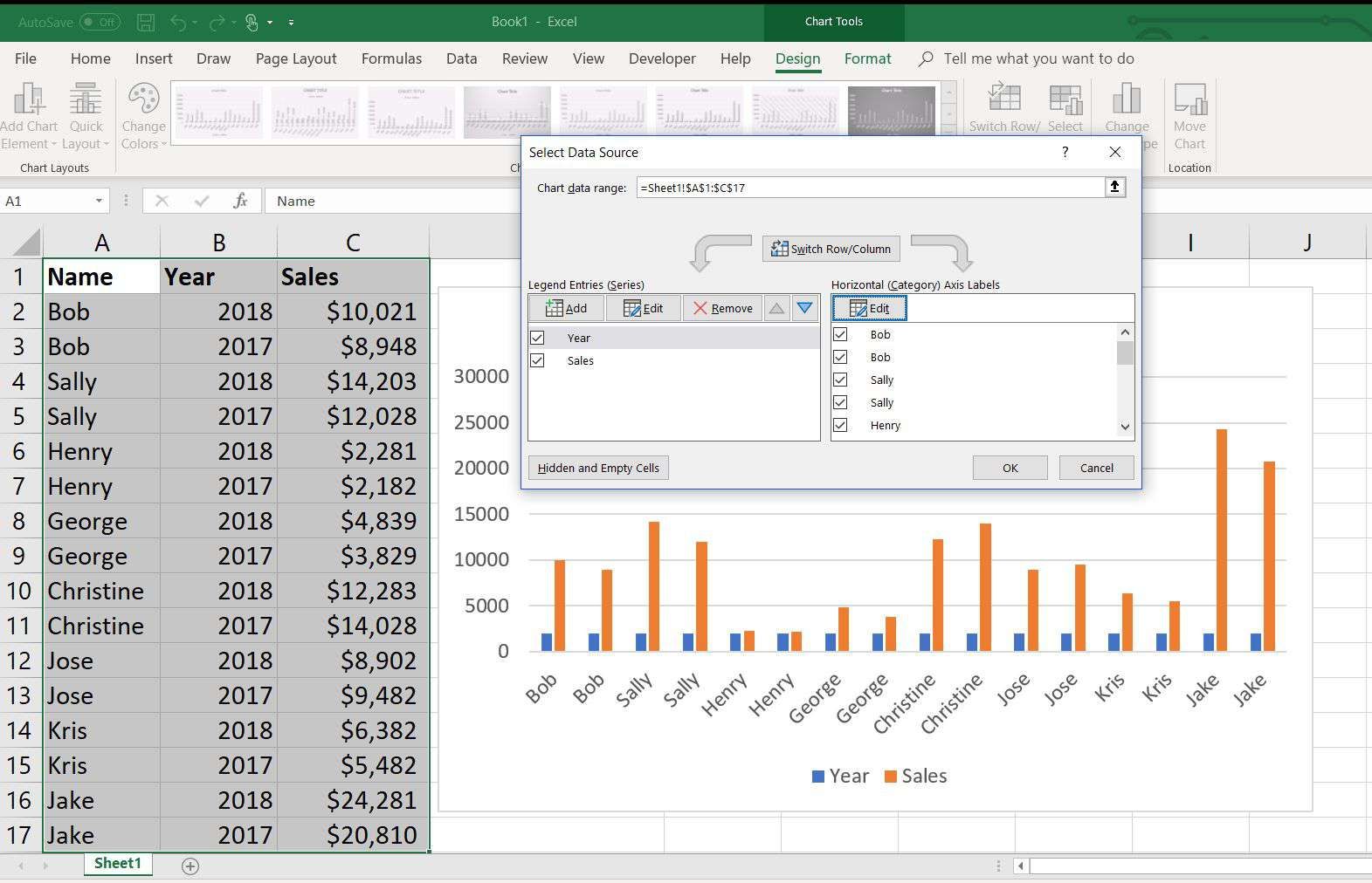 Снимок экрана выбора данных в Excel 2016/2013