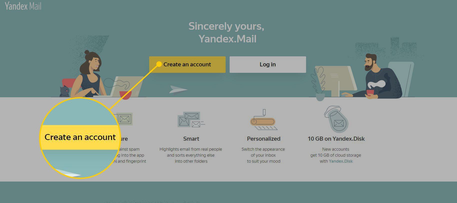 Домашняя страница Яндекса с выделенной кнопкой «Создать аккаунт»