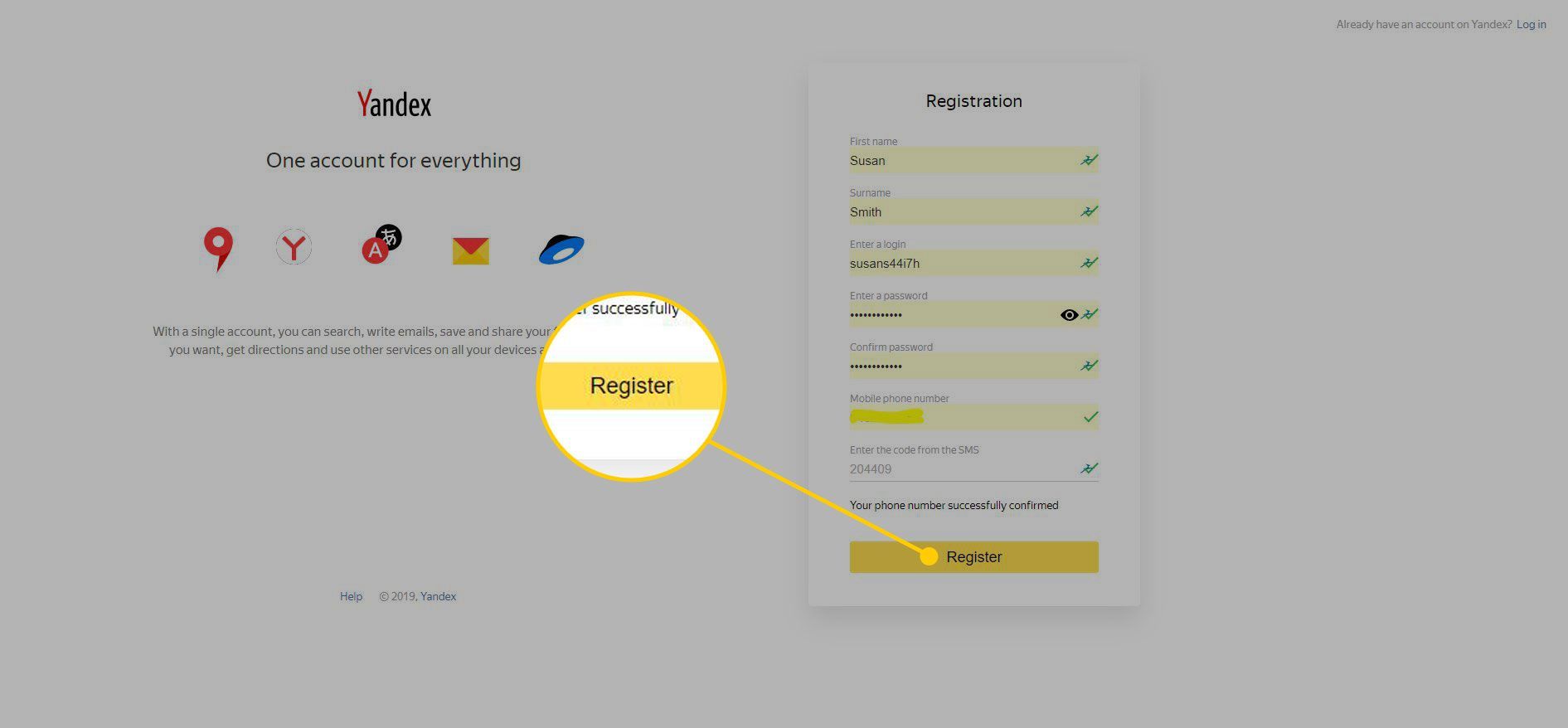 Страница регистрации Почты Яндекса с выделенной кнопкой «Зарегистрироваться»