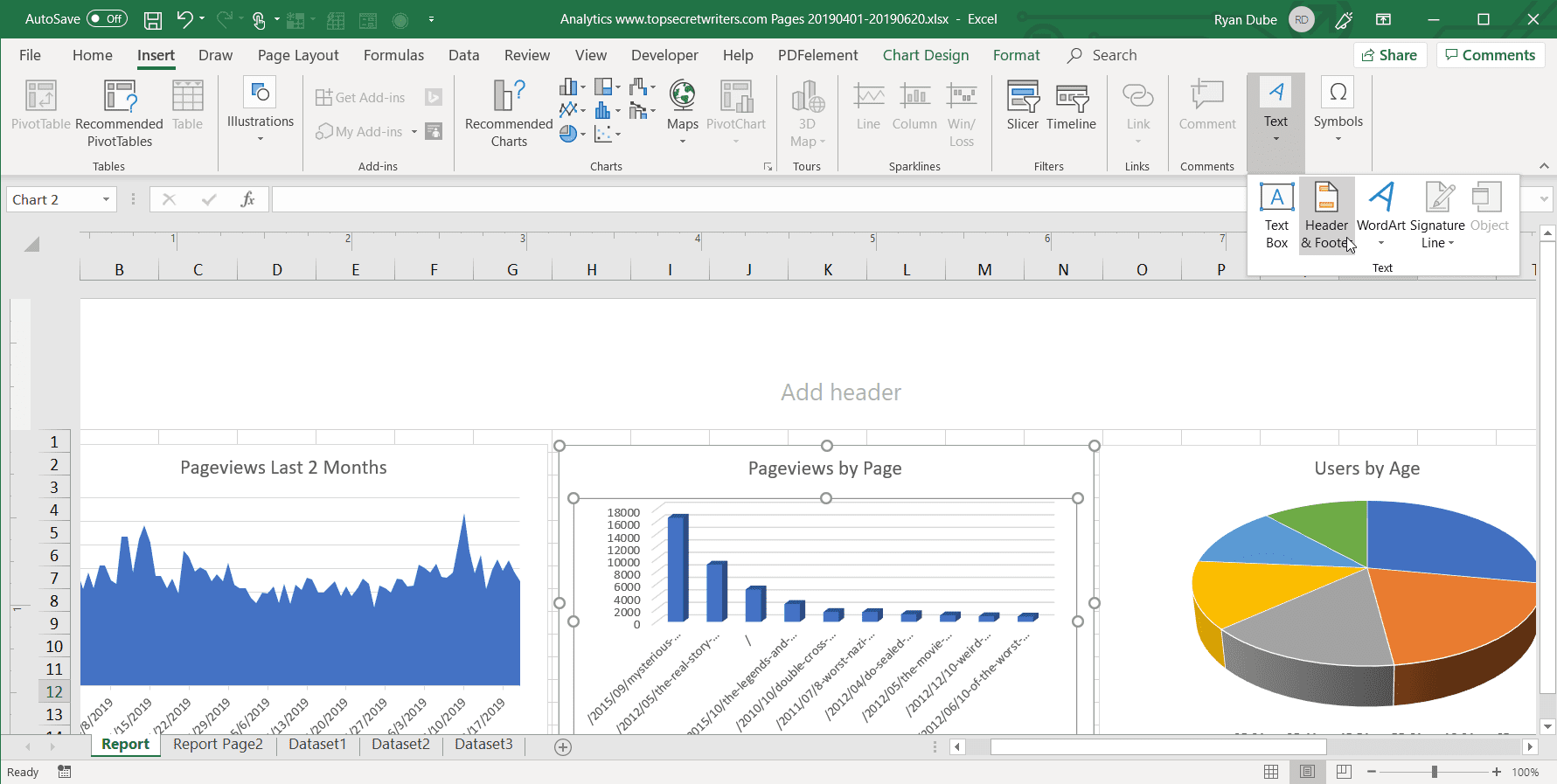 Скриншот вставки заголовка в Excel