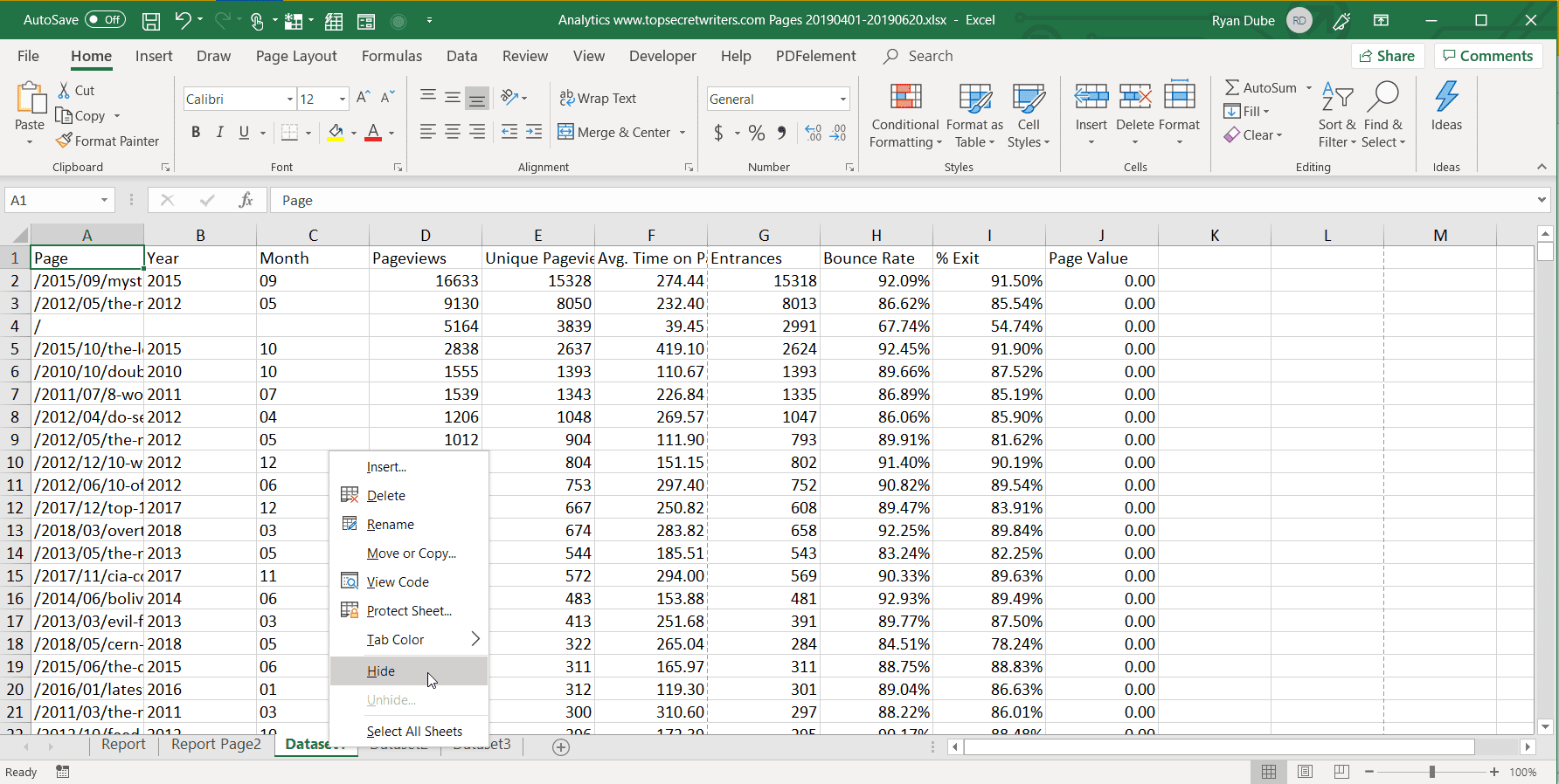 Снимок экрана: скрытие вкладок листа в Excel