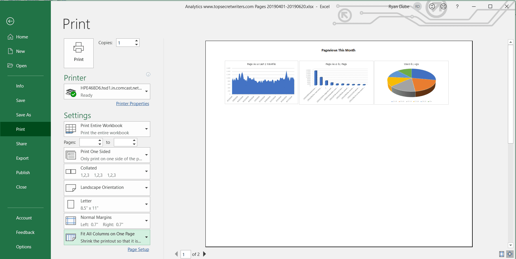 Снимок экрана печати отчета с использованием Excel