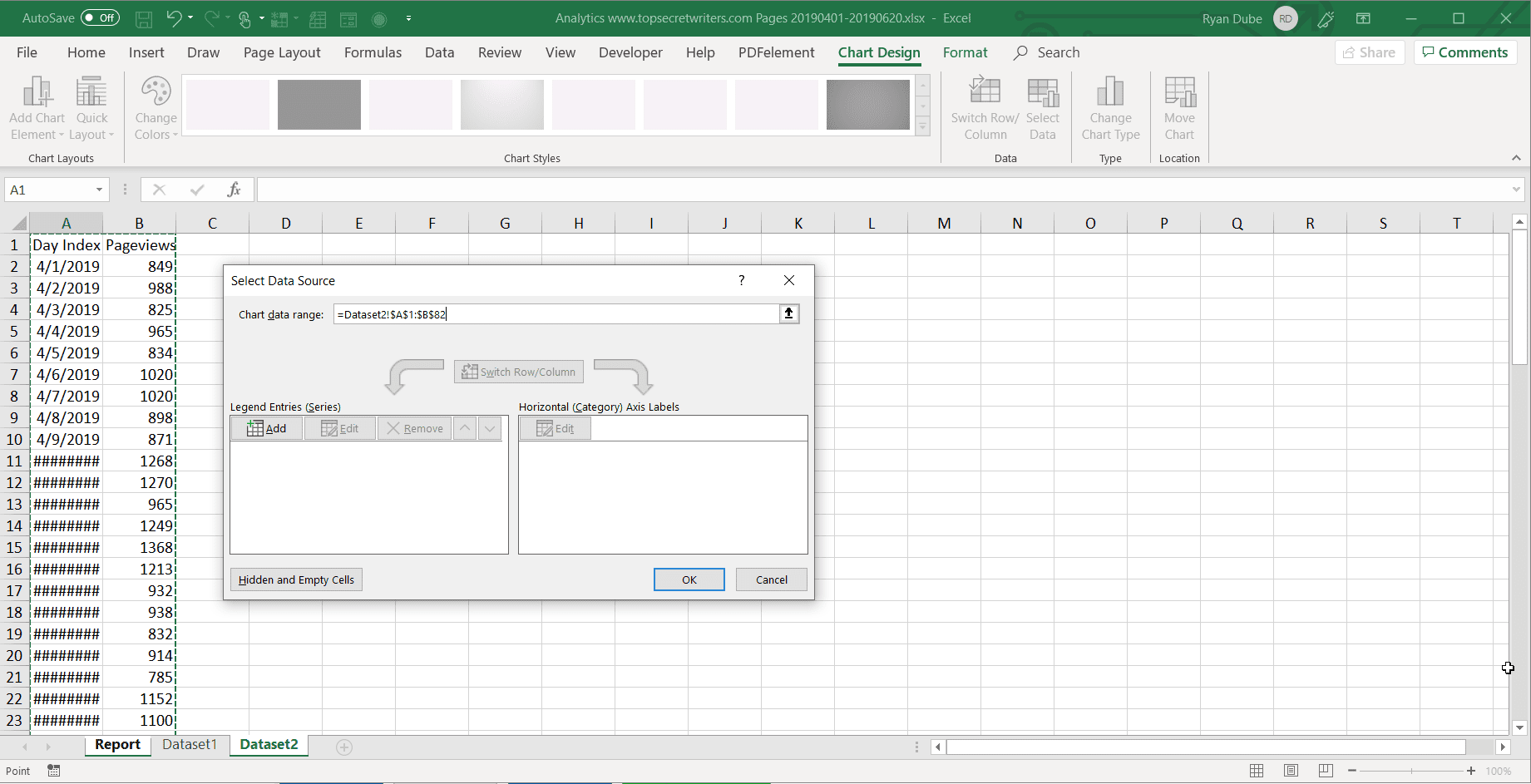 Снимок экрана выбора данных в Excel