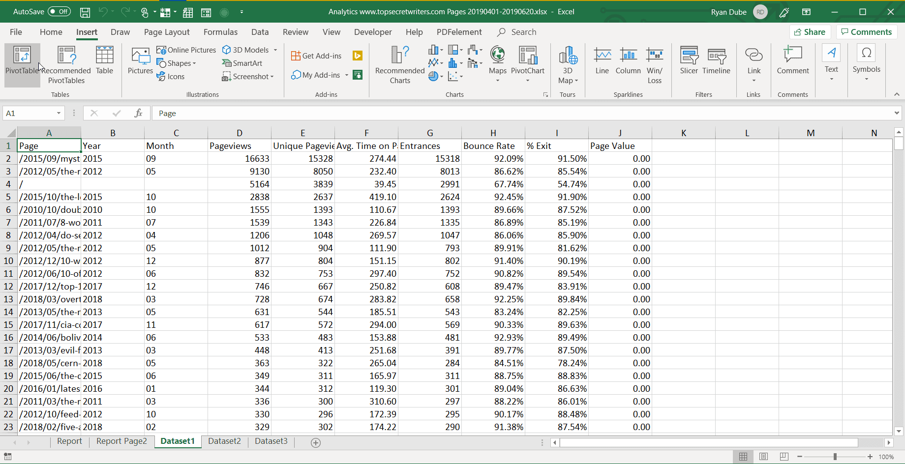 Снимок экрана выбора сводной таблицы в Excel