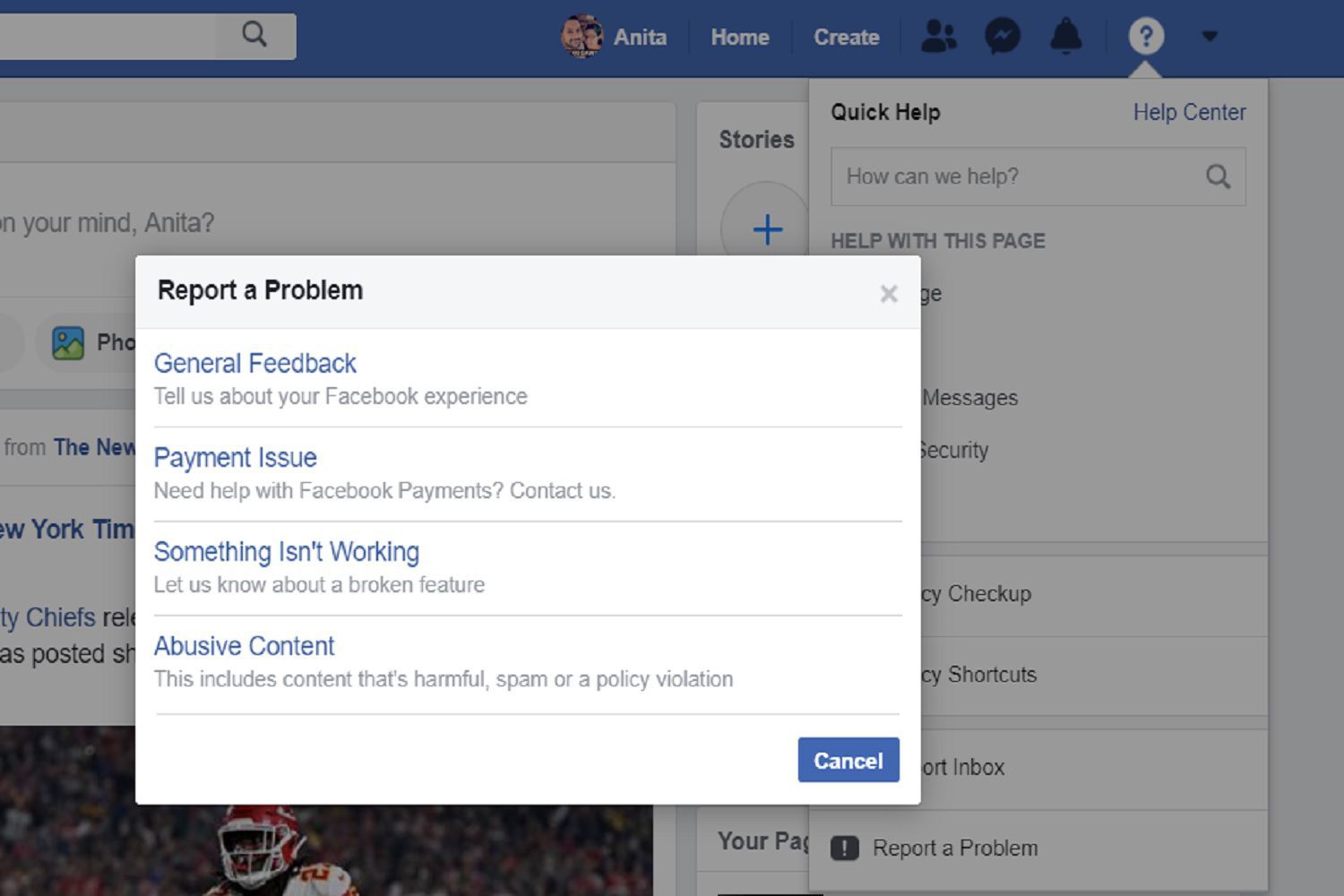 Скриншот того, как получить доступ к Facebook's Report a Problem feature to ask for help with a Facebook-related issue.