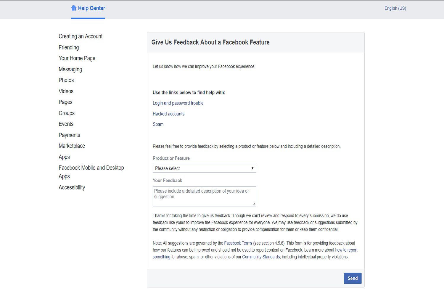 Скриншот Facebook's feedback form customers can fill out to give their opinions and suggestions about Facebook features.