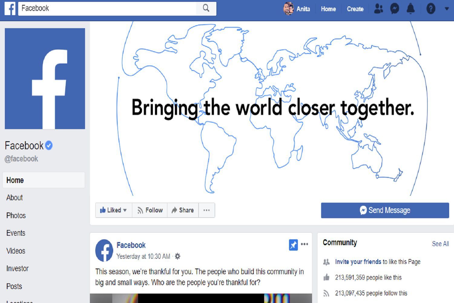 Скриншот Facebook's company Facebook page that shows a button that customers can click to send a Facebook chat message to the company.