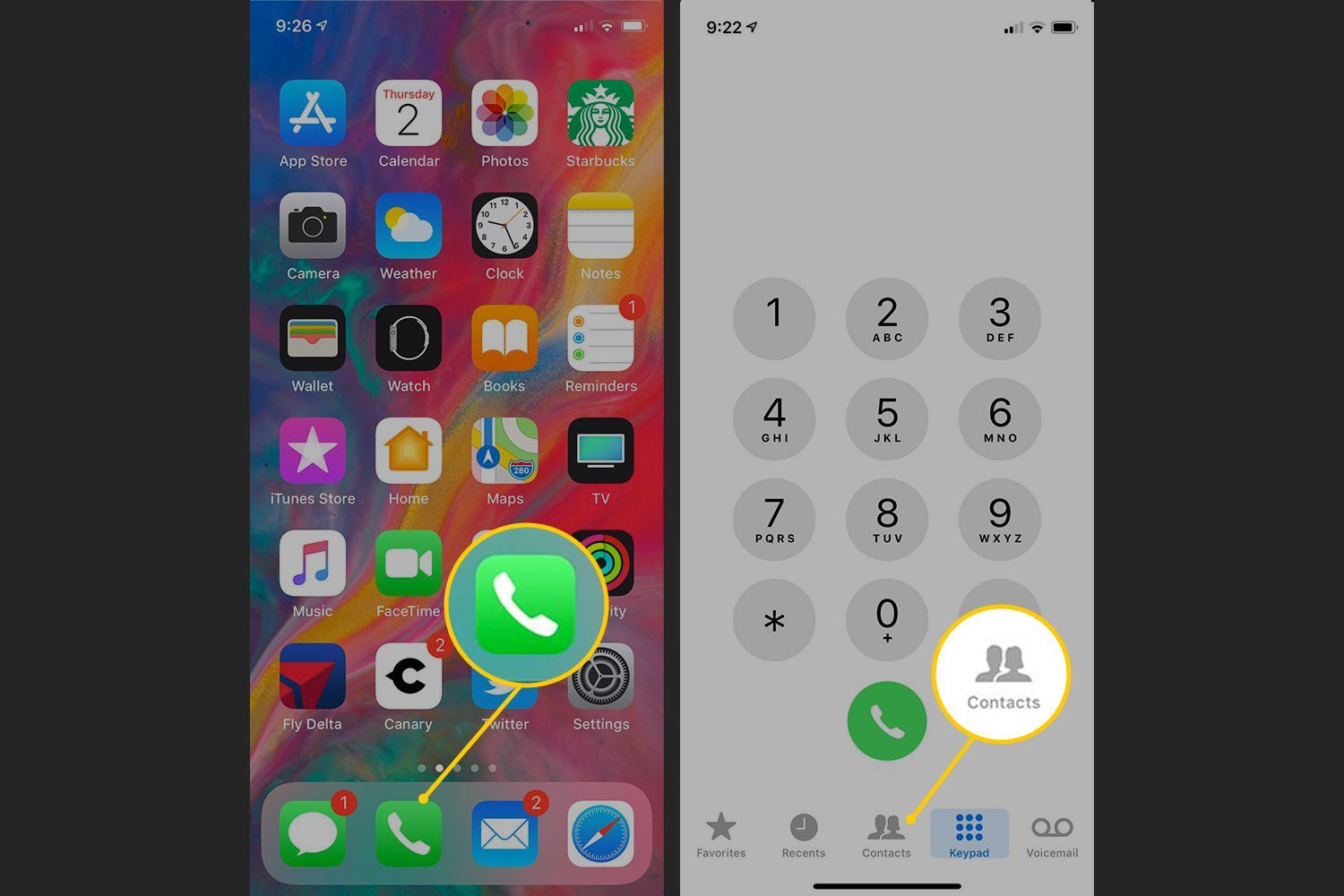 Значок телефона, кнопка «Контакты» на iOS