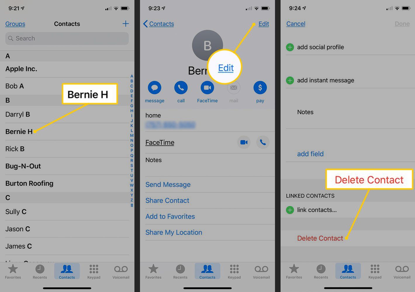 Контакт, кнопка «Изменить», кнопка «Удалить контакт» на iOS