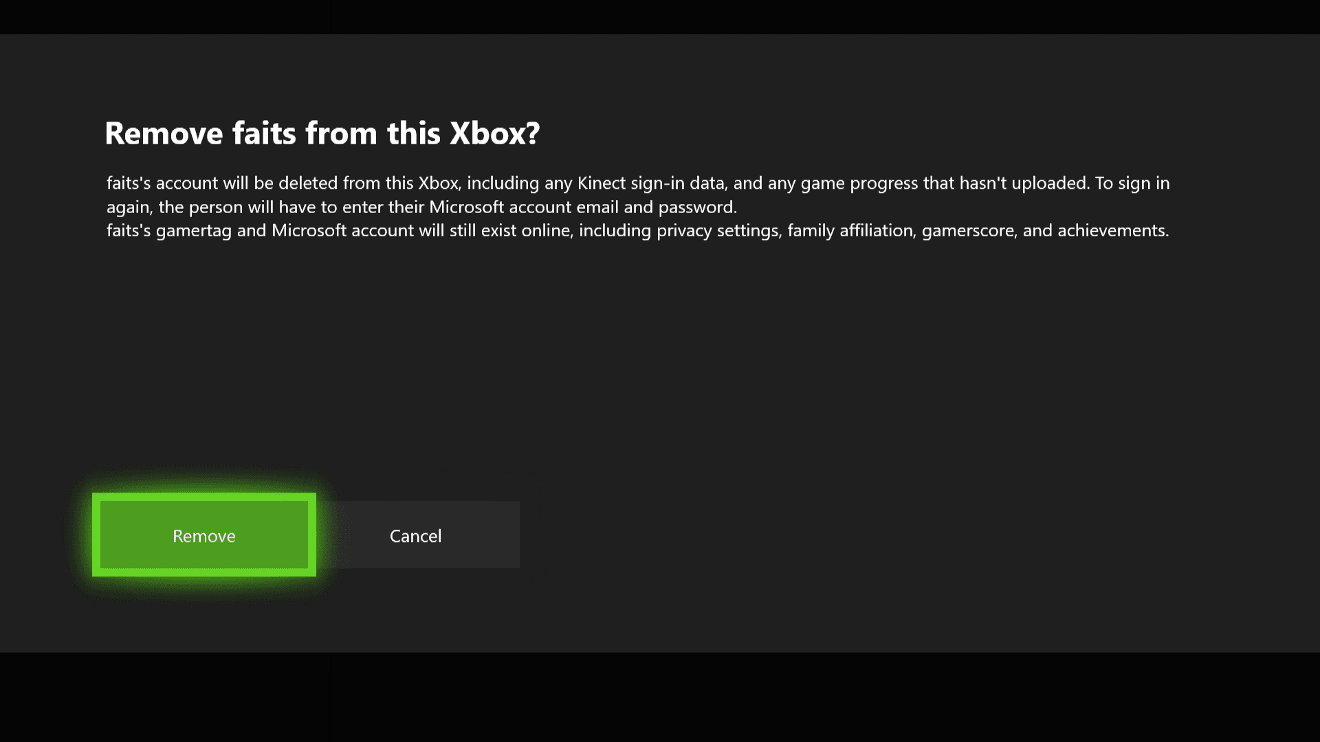 Скриншот экрана подтверждения удаления профиля на Xbox One.
