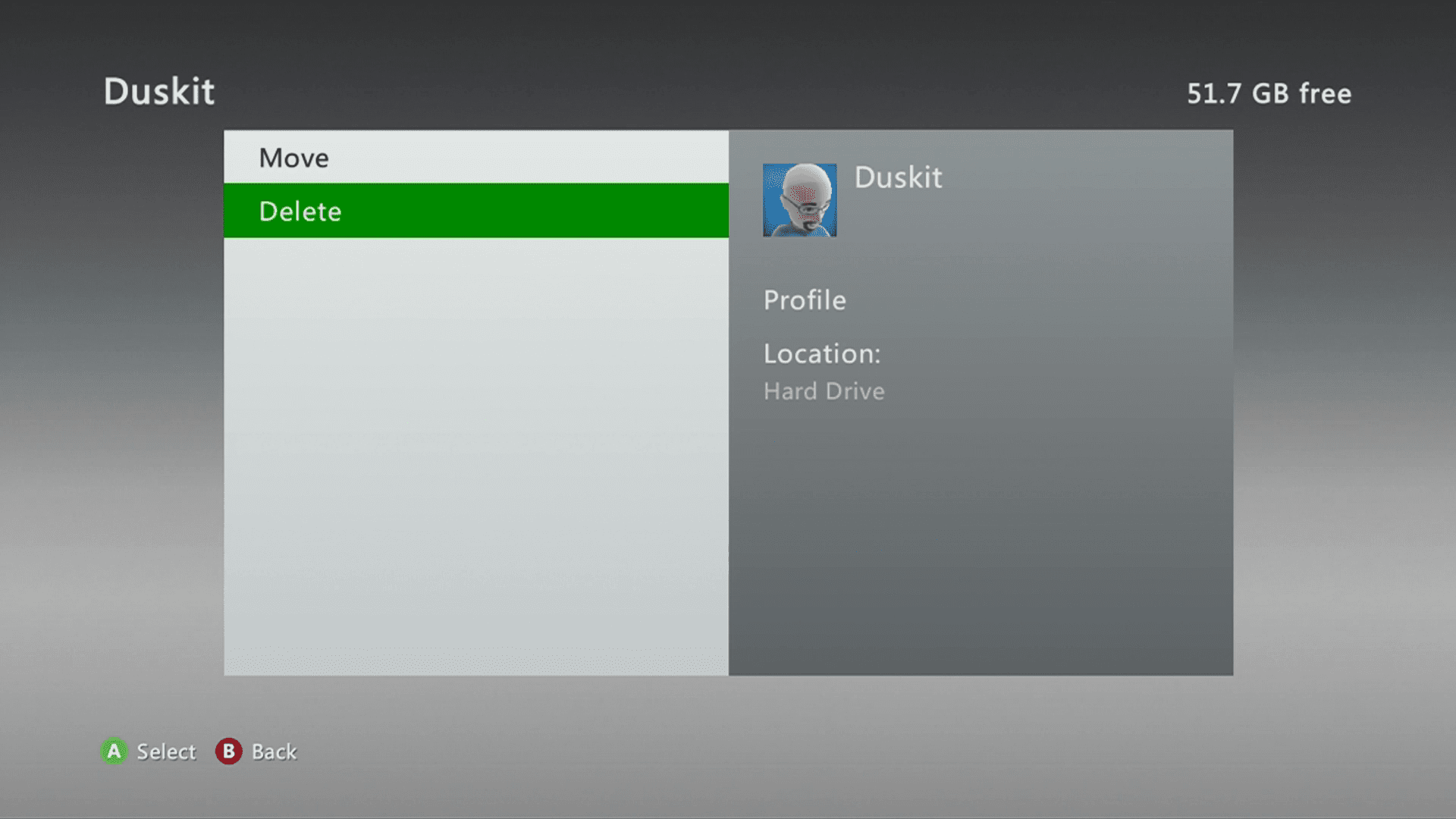 Скриншот того, как удалить профиль на Xbox 360.