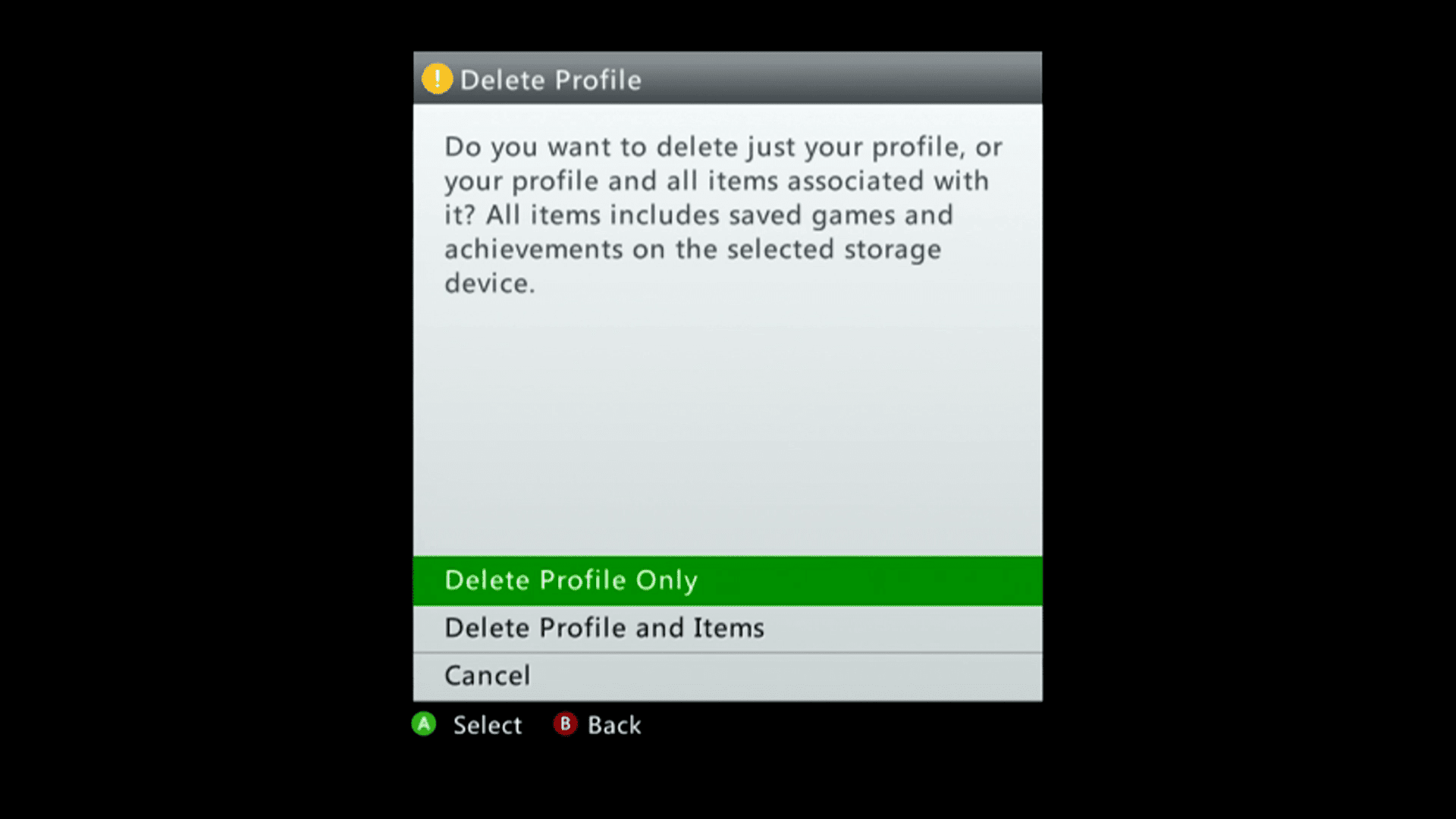 Экран удаления профиля на Xbox 360.