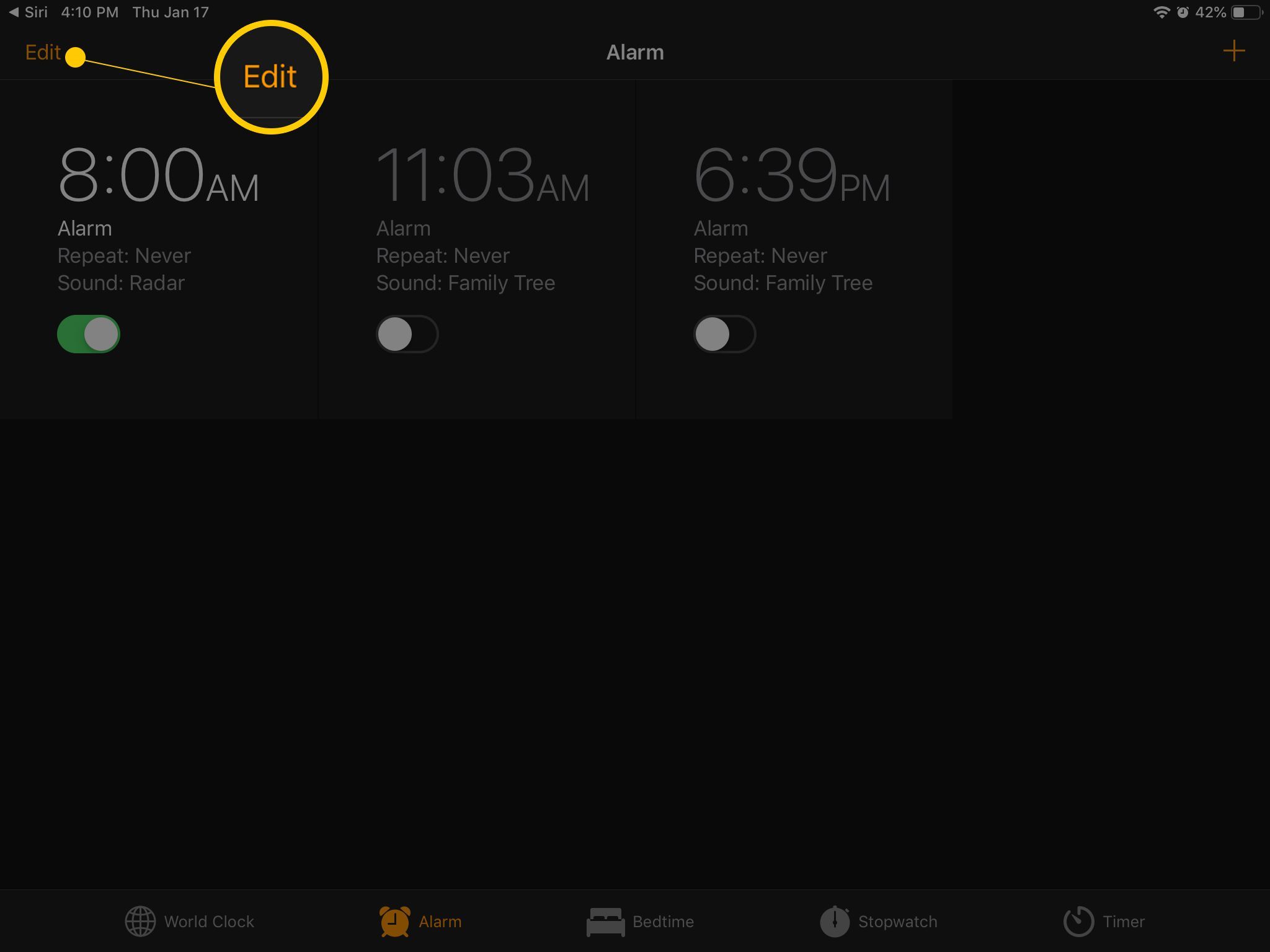 Кнопка «Изменить» на экране будильника iPad