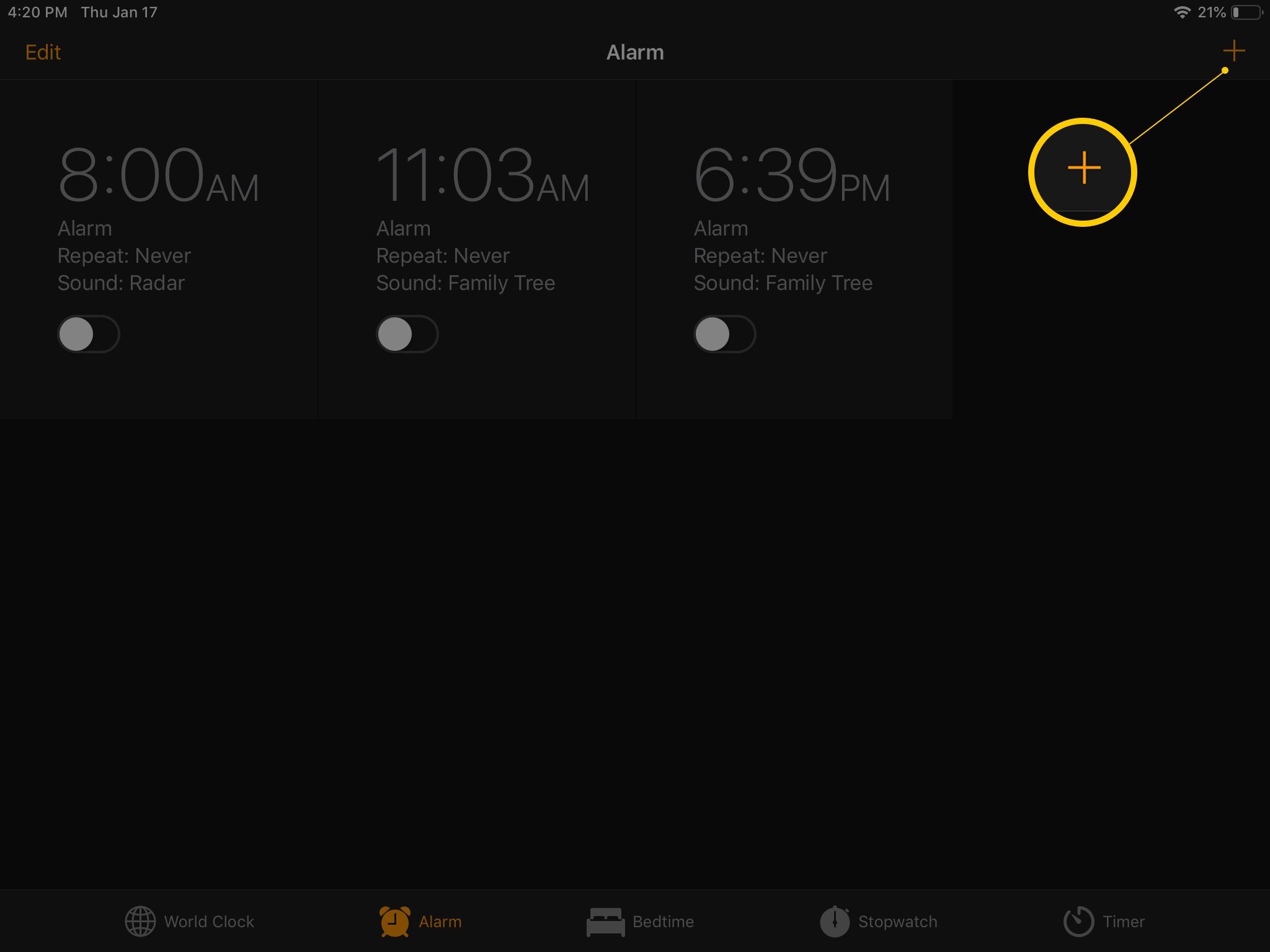 Добавить приложение «Будильник плюс» в приложение «Часы» на iPad