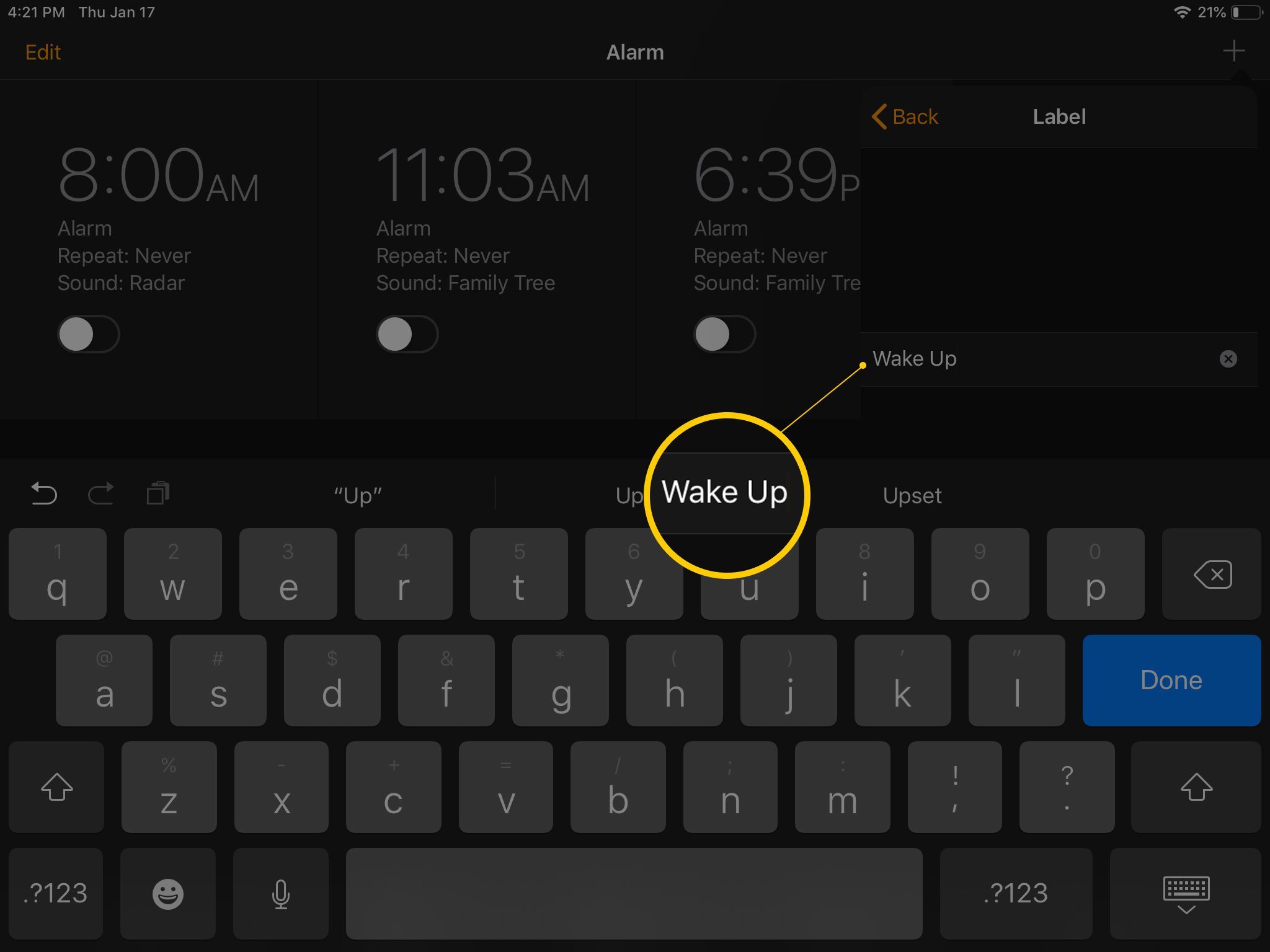 Лейбл Wake Up для нового приложения «Будильник в часах» на iPad