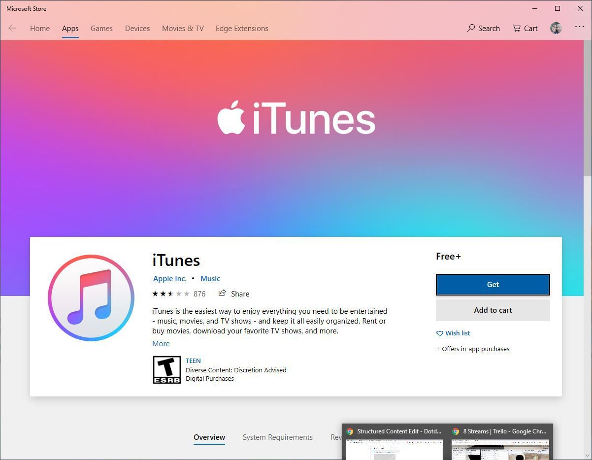 Снимок экрана iTunes в магазине Microsoft