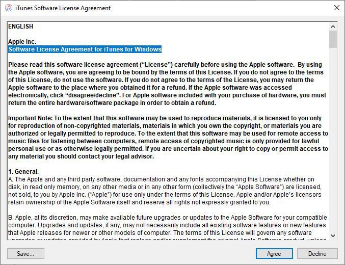 Снимок экрана лицензионного соглашения на использование программного обеспечения iTunes