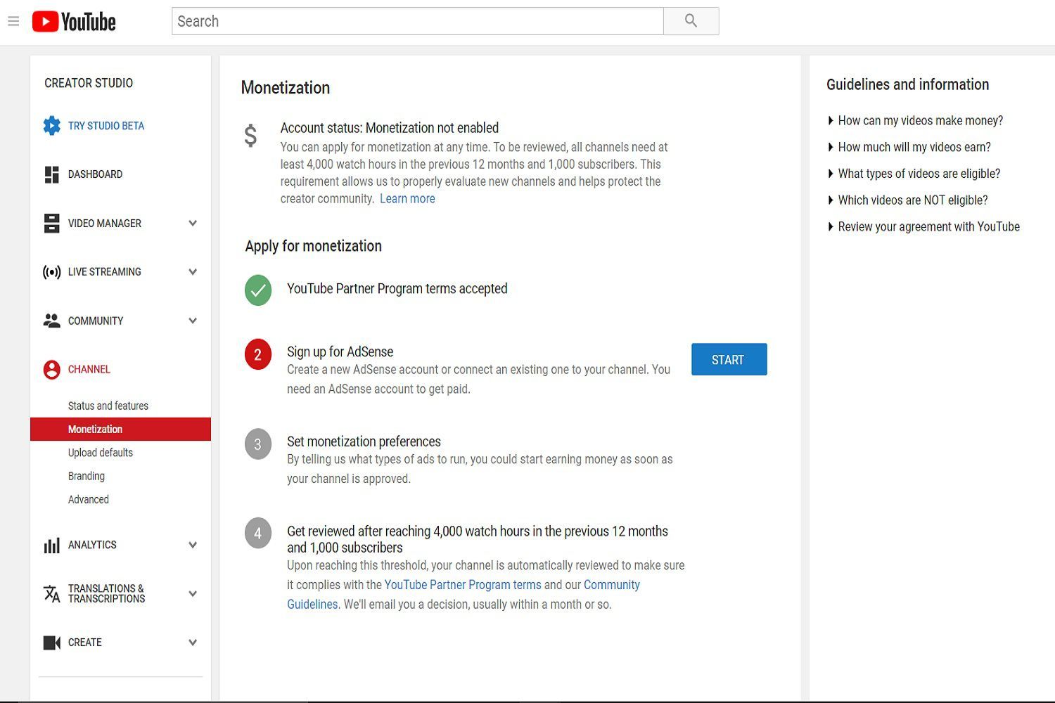 Скриншот экрана монетизации на YouTube's website. This screen features all four of the steps necessary to complete the YouTube Partner Program application.