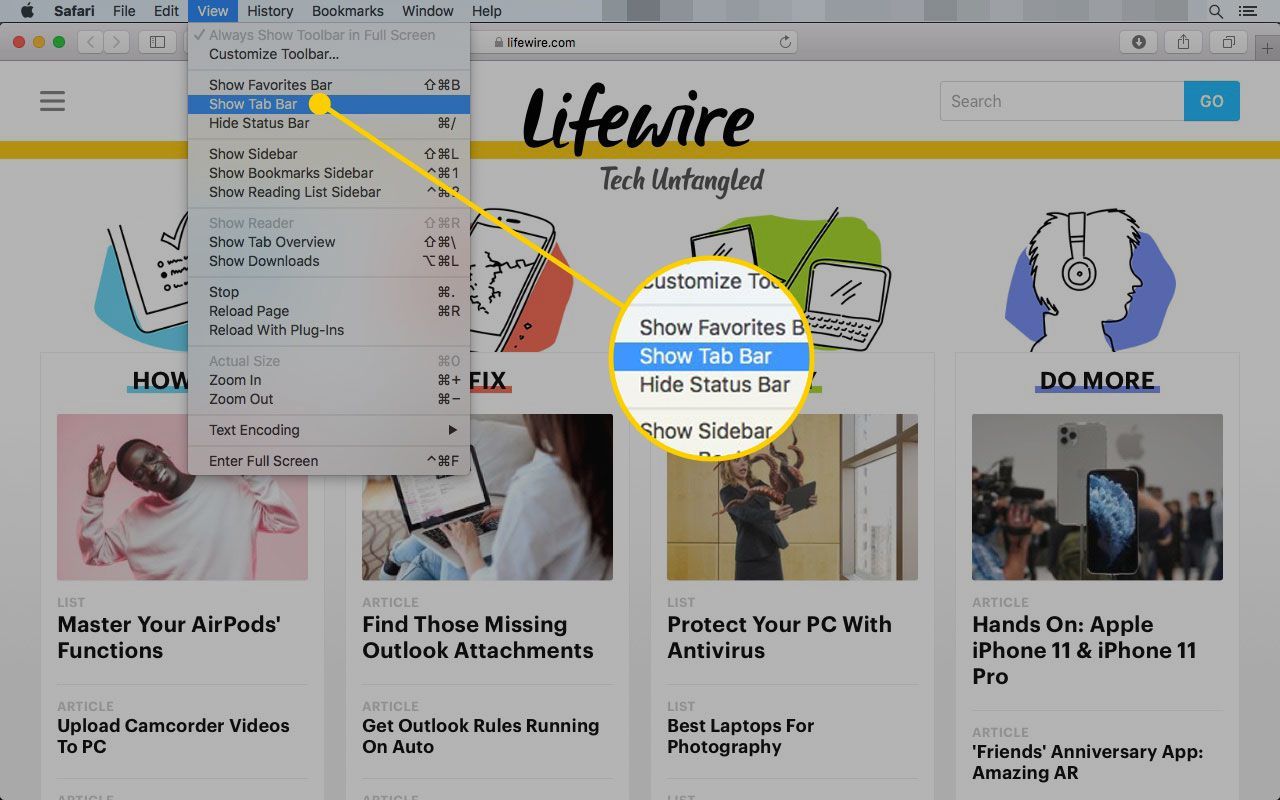 Safari на Mac с выделенной опцией «Показать панель вкладок» в меню «Вид»