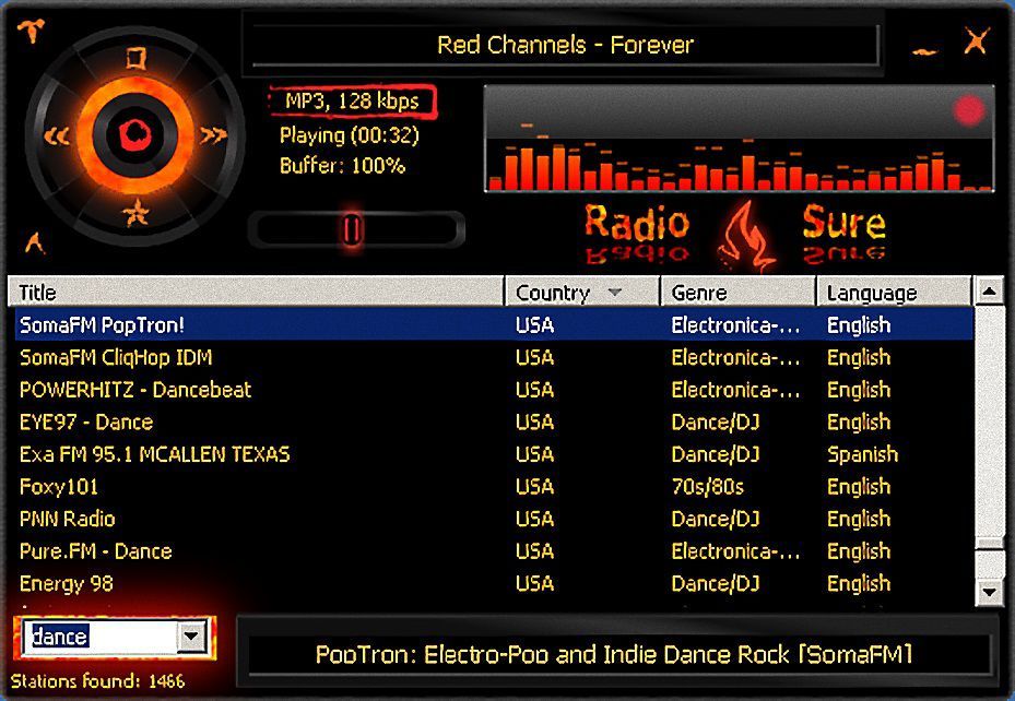 Снимок экрана интернет-радиостанции RadioSure
