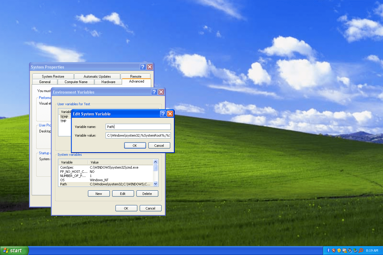 Текстовое поле системной переменной пути Windows XP