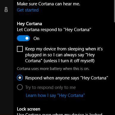 Снимок экрана с настройками Cortana