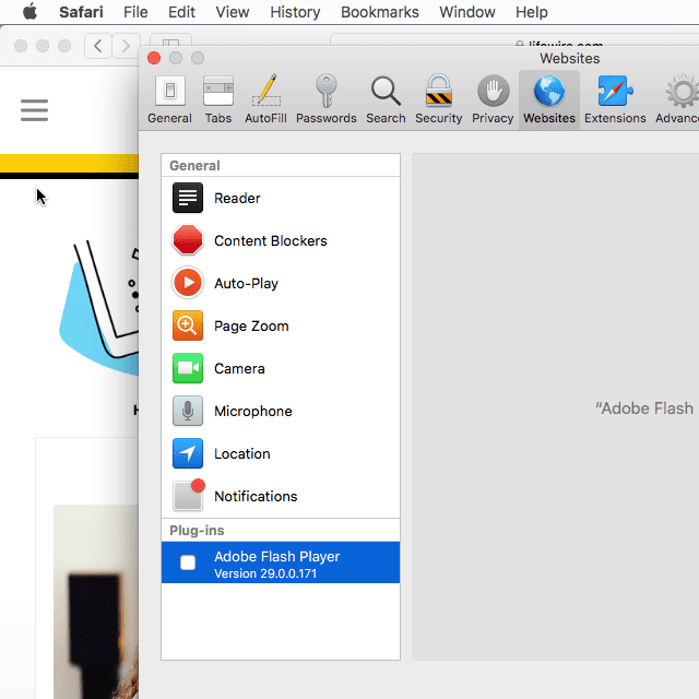 Окно плагинов Safari в MacOS High Sierra, в котором отображается номер версии Adobe Flash Player