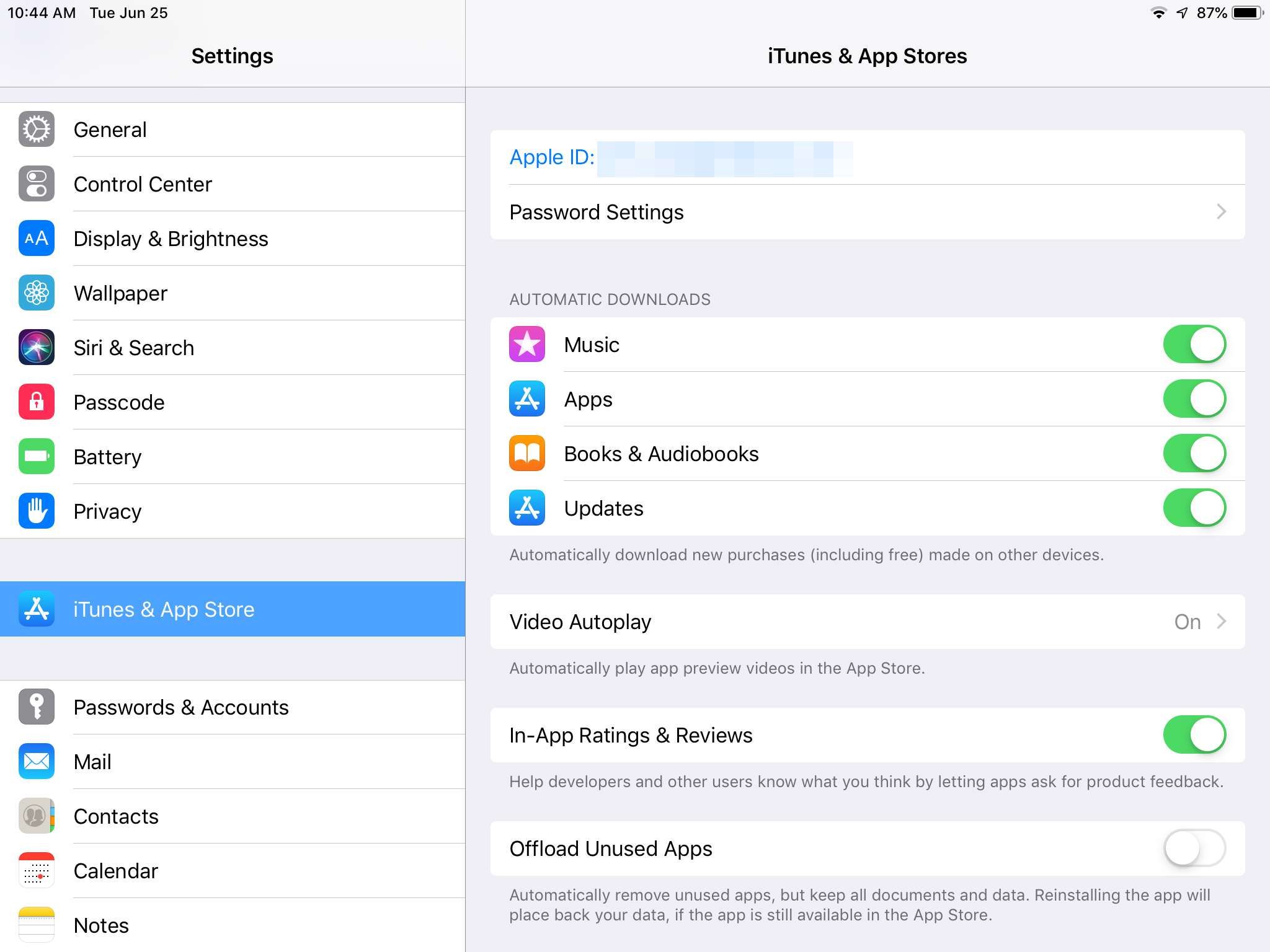 снимок экрана - параметры автоматической загрузки в настройках iTunes & App Store