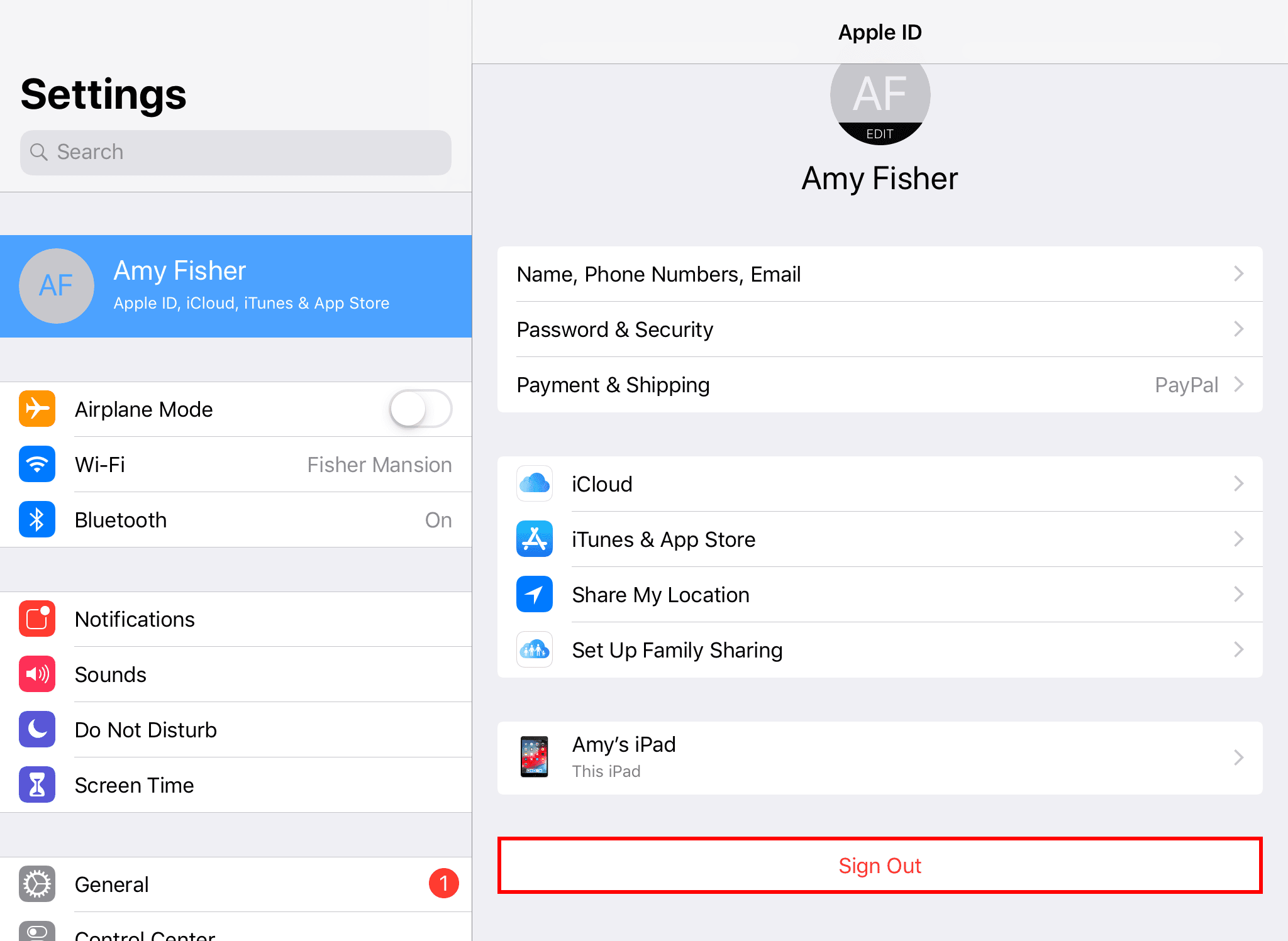 Снимок экрана, показывающий, как выйти из учетной записи Apple на iPad