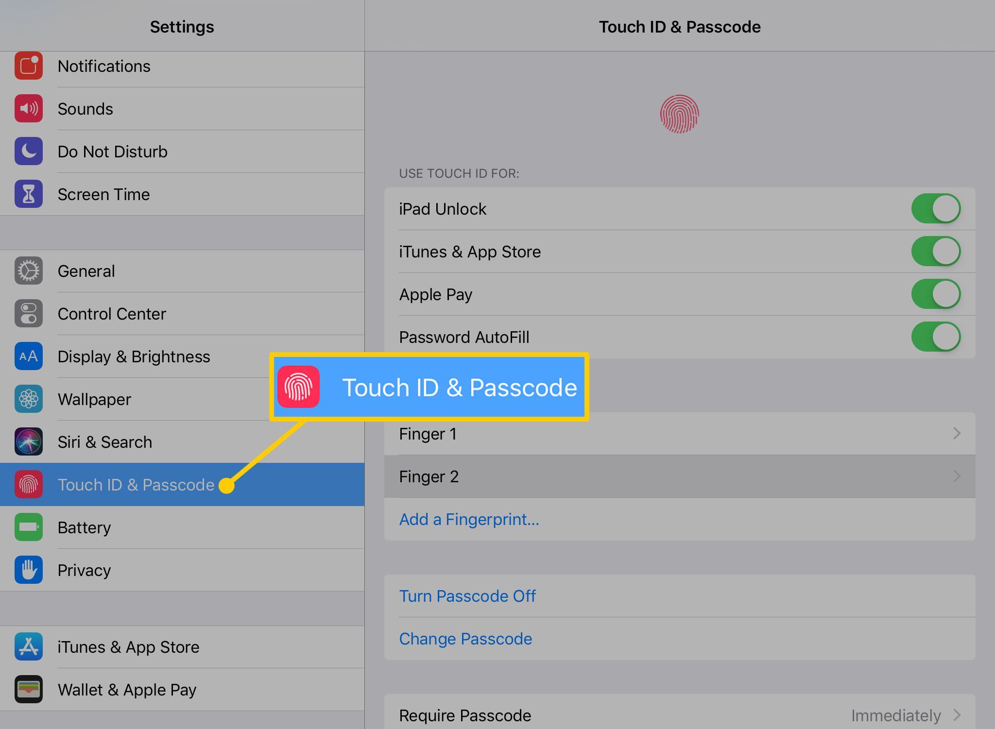 Настройка Touch ID и пароля на iPad