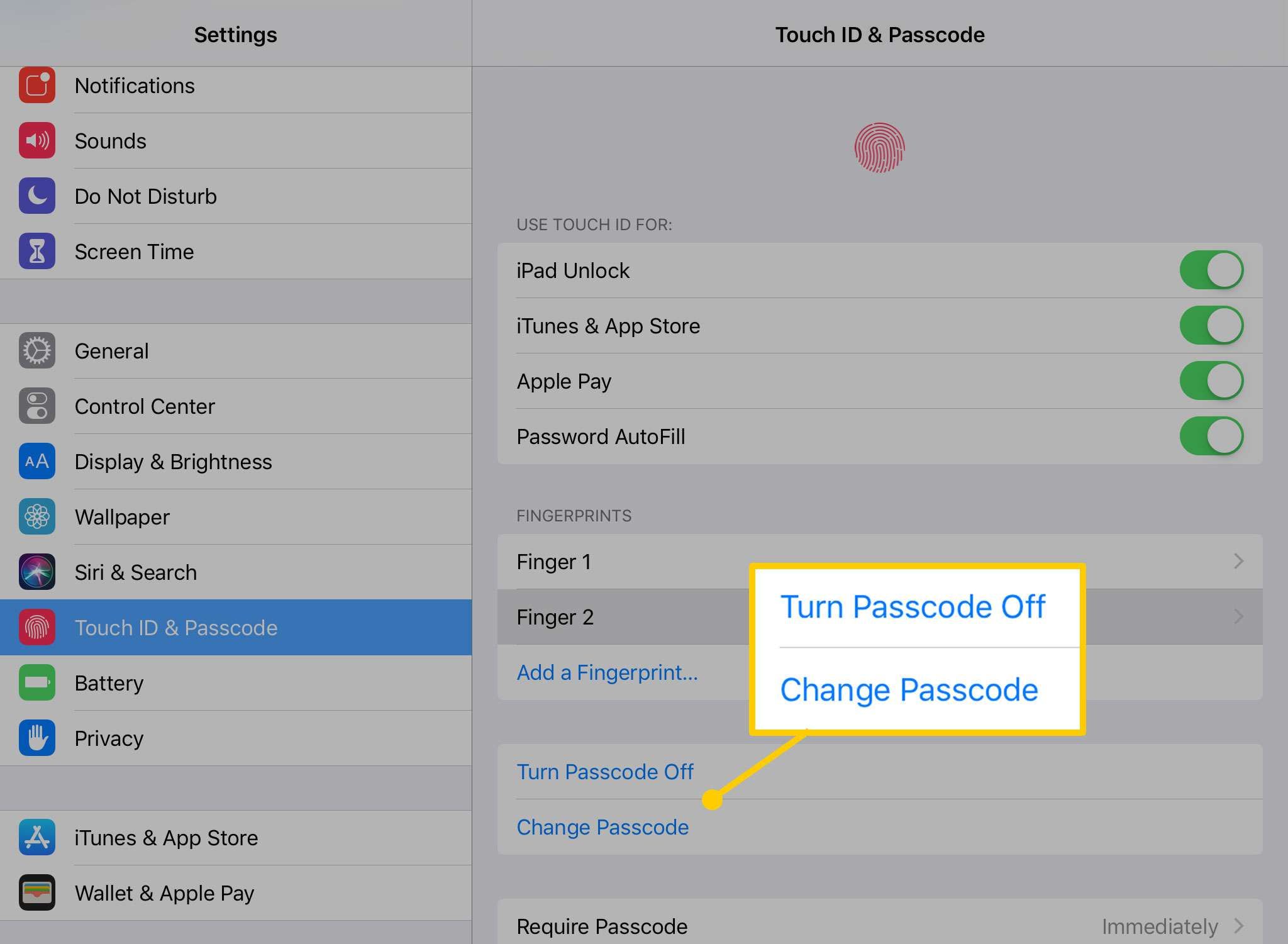 Параметры пароля на iPad