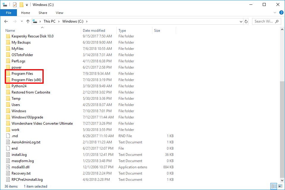 Снимок экрана с папками 64-битных программных файлов Windows 10
