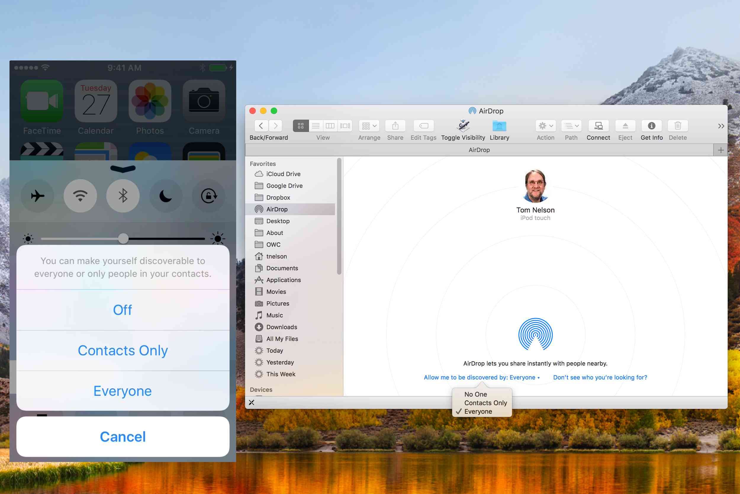 Снимок экрана настроек iOS и Mac AirDrop для обнаружения.