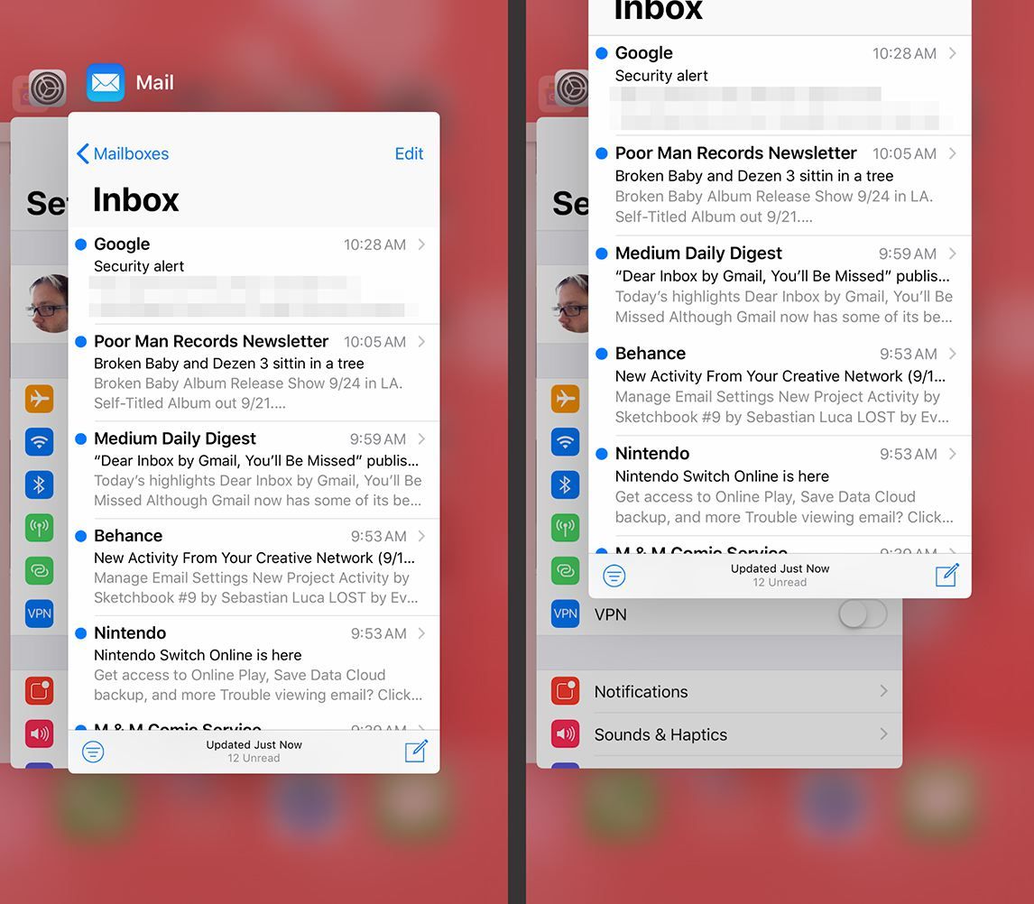 Два экрана от iOS, показывающие режим многозадачности и считывание приложения Почта