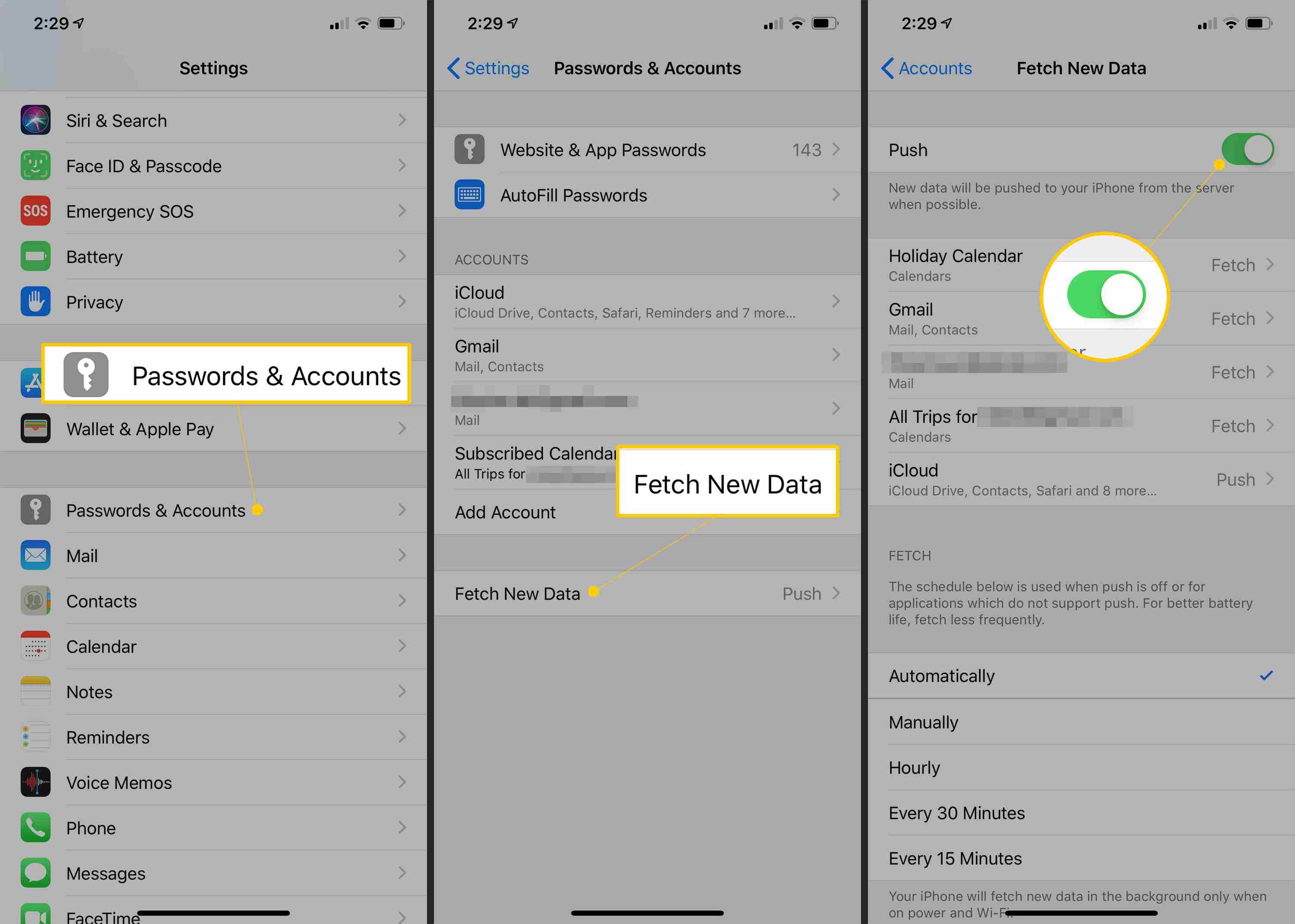 Пароли и учетные записи, выборка новых данных, переключение в положение «ВКЛ» в настройках iOS
