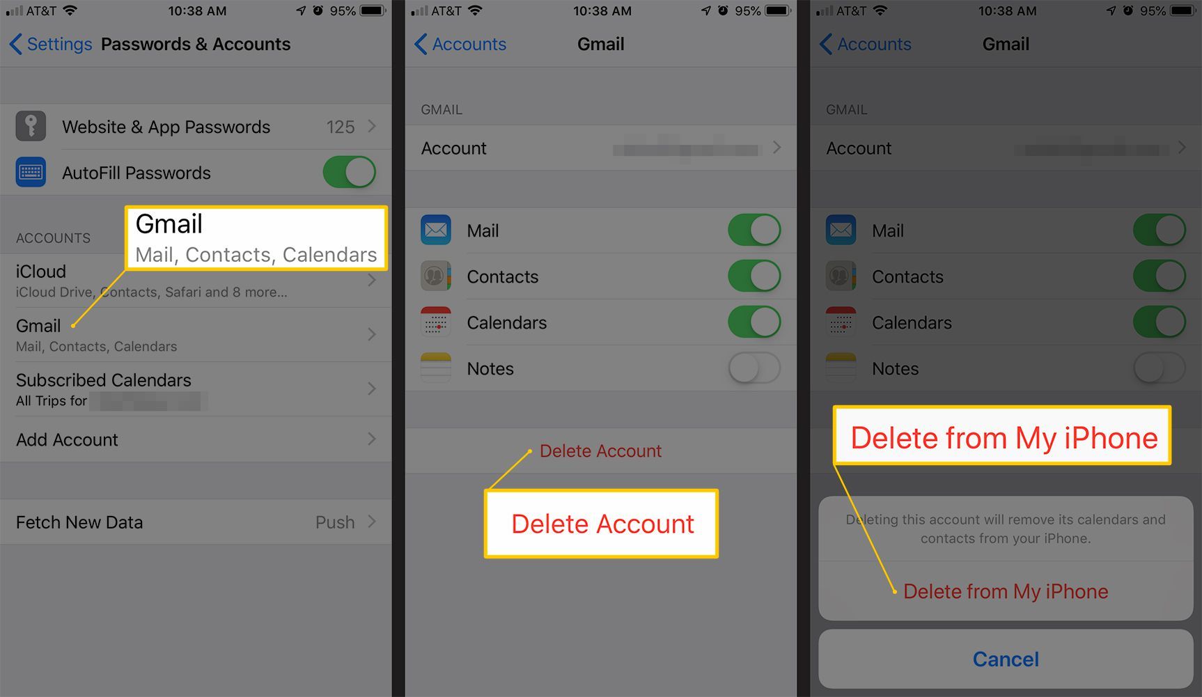 Три экрана iOS в паролях и учетных записях, показывающие, как удалить ошибочную учетную запись электронной почты