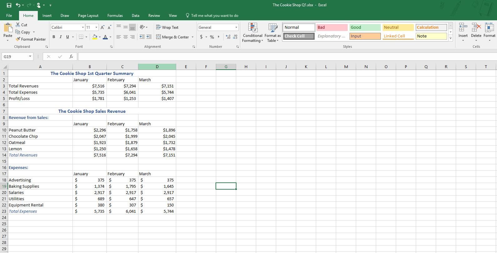 Электронная таблица Microsoft Excel с финансовыми данными