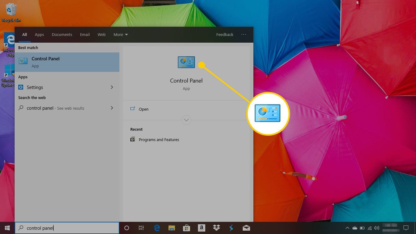 Windows 10 с выделенным приложением «Панель управления»