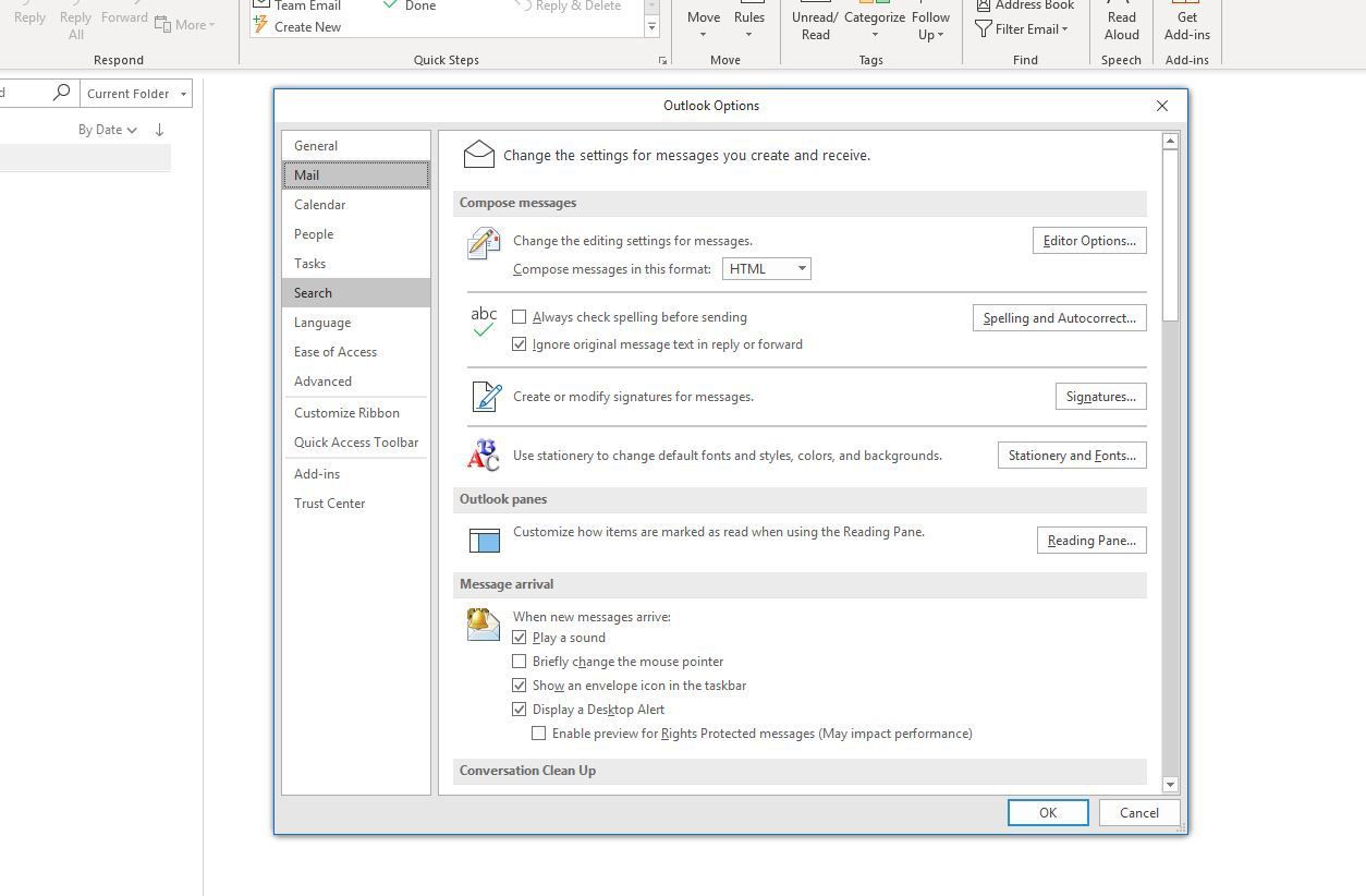 Снимок экрана параметров Outlook с выбранной почтой