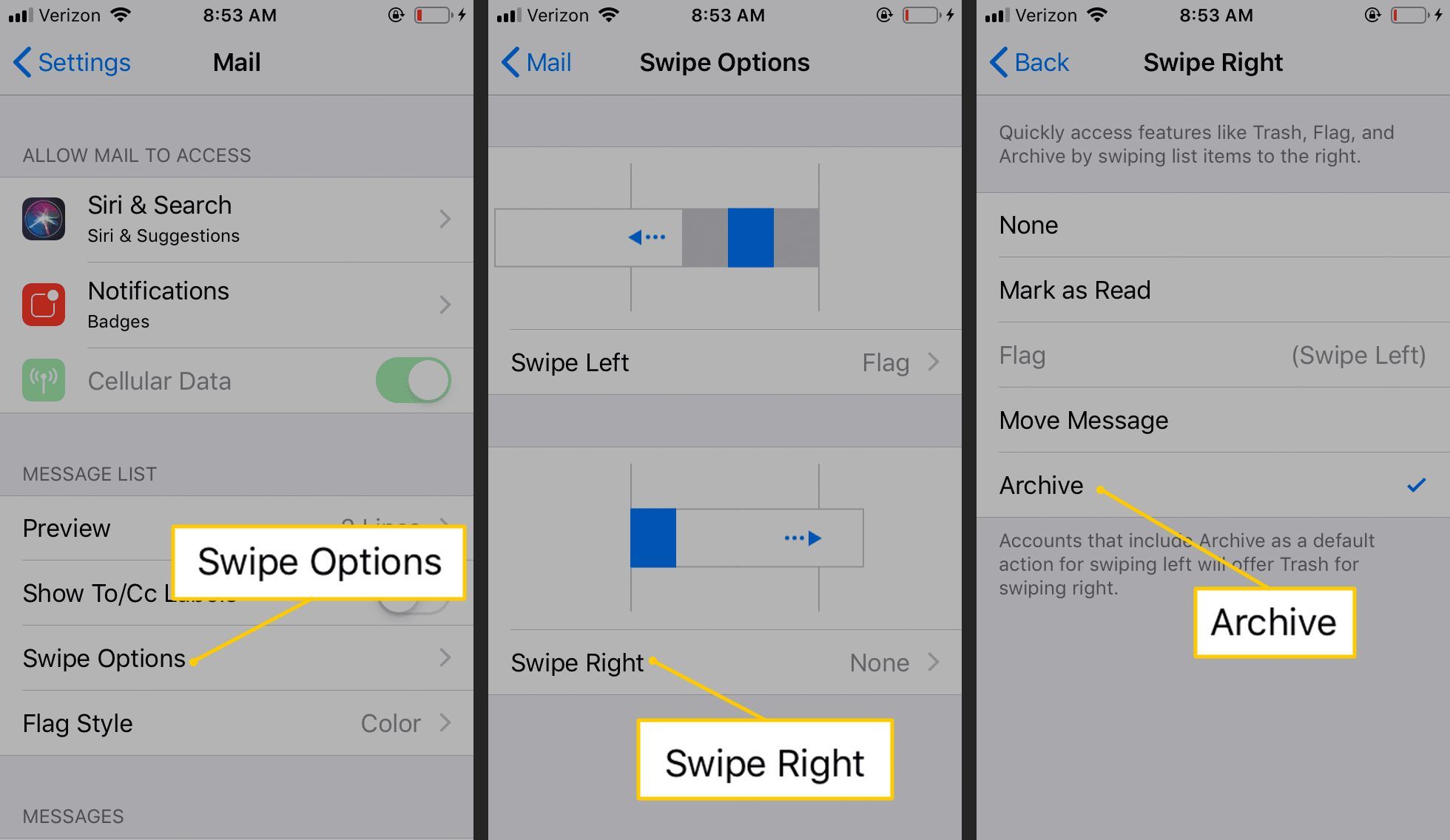 Параметры Swipe, Swiper Right, Архив в настройках iOS