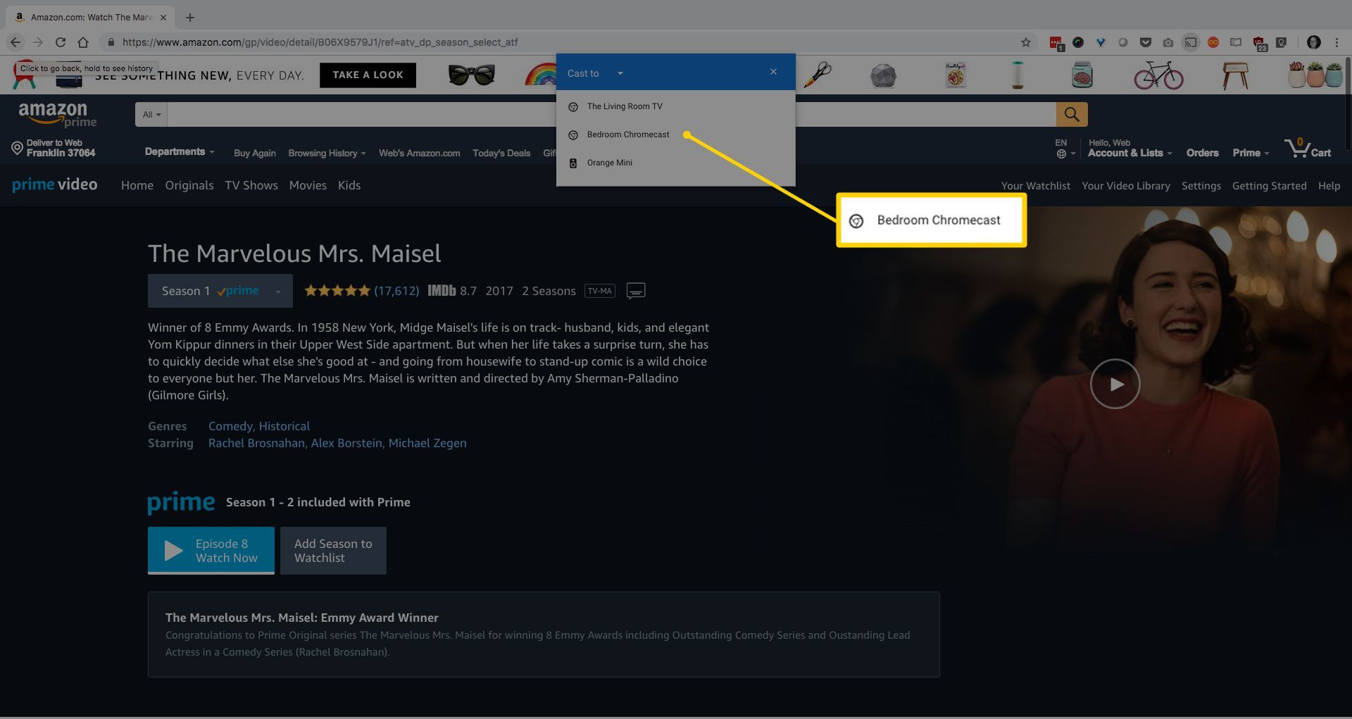 Снимок экрана: опция Chromecast для спальни в приложении Cast to menu в Chrome